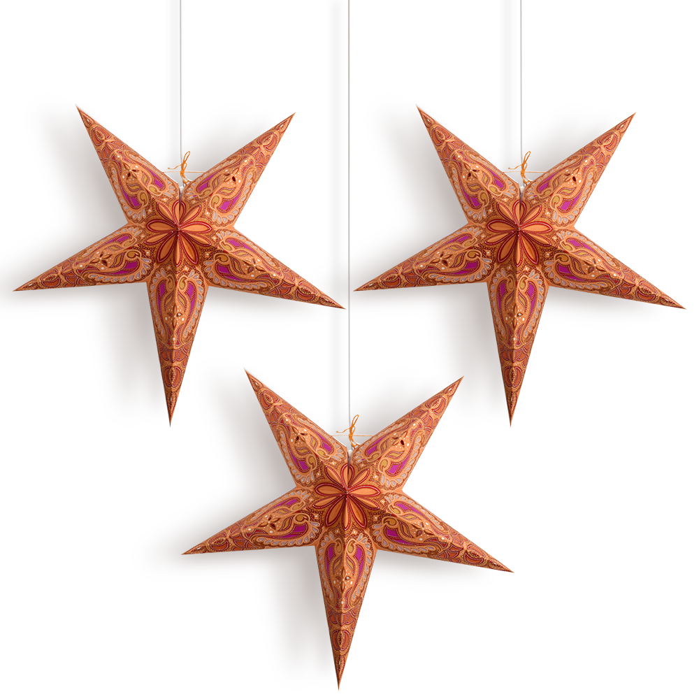 3 Pack 24 Inch Orange Alaskan Glitter Paper Star Lanterns with LED Bulbs & Lamp Cord - Party Decorations, Christmas Lights, Wedding Centerpieces, Home Decoration for Indoor & Outdoor Use