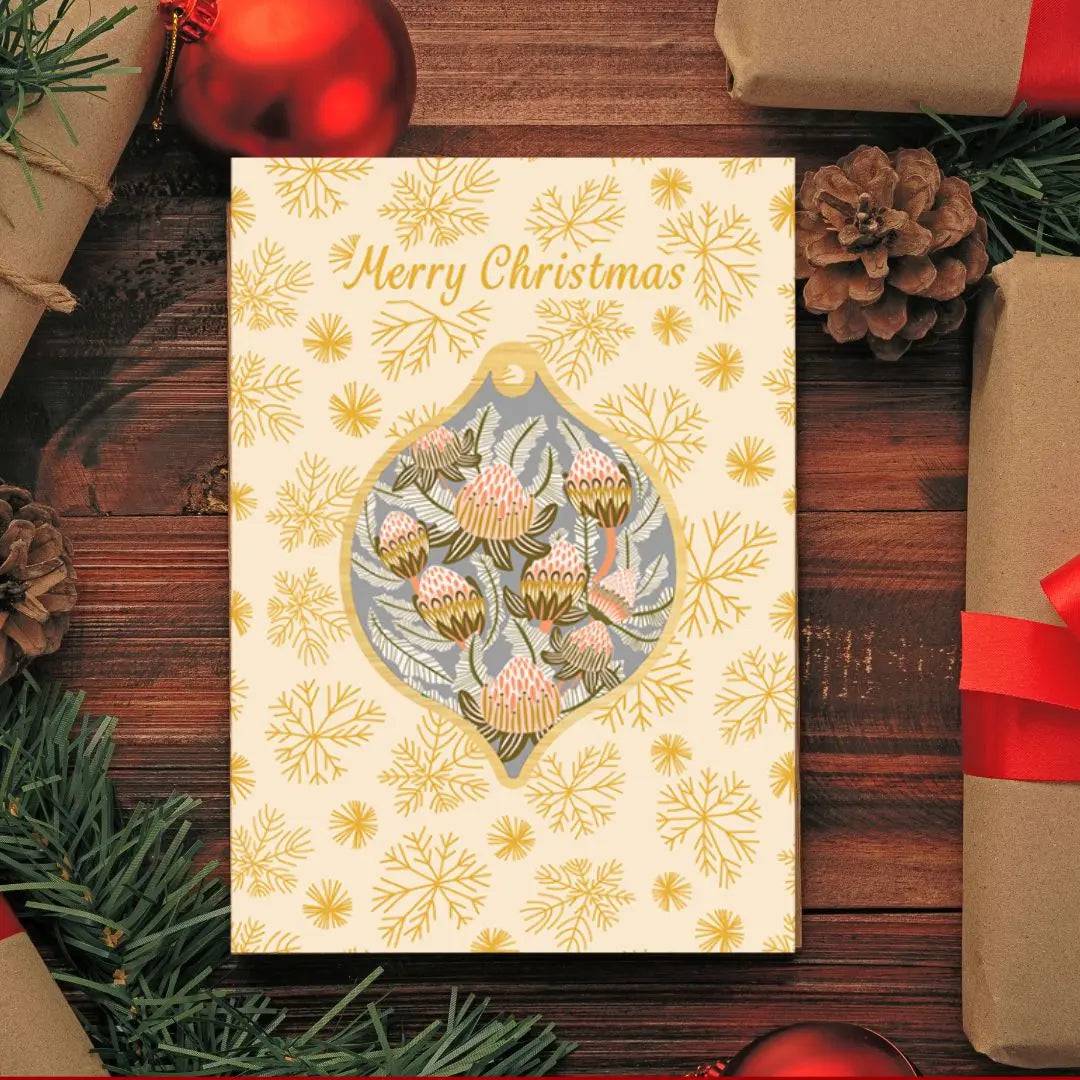 Bush Proteas Australian Christmas Card & Ornament Set - Perfect for Holiday Greetings and Festive Tree Decorations