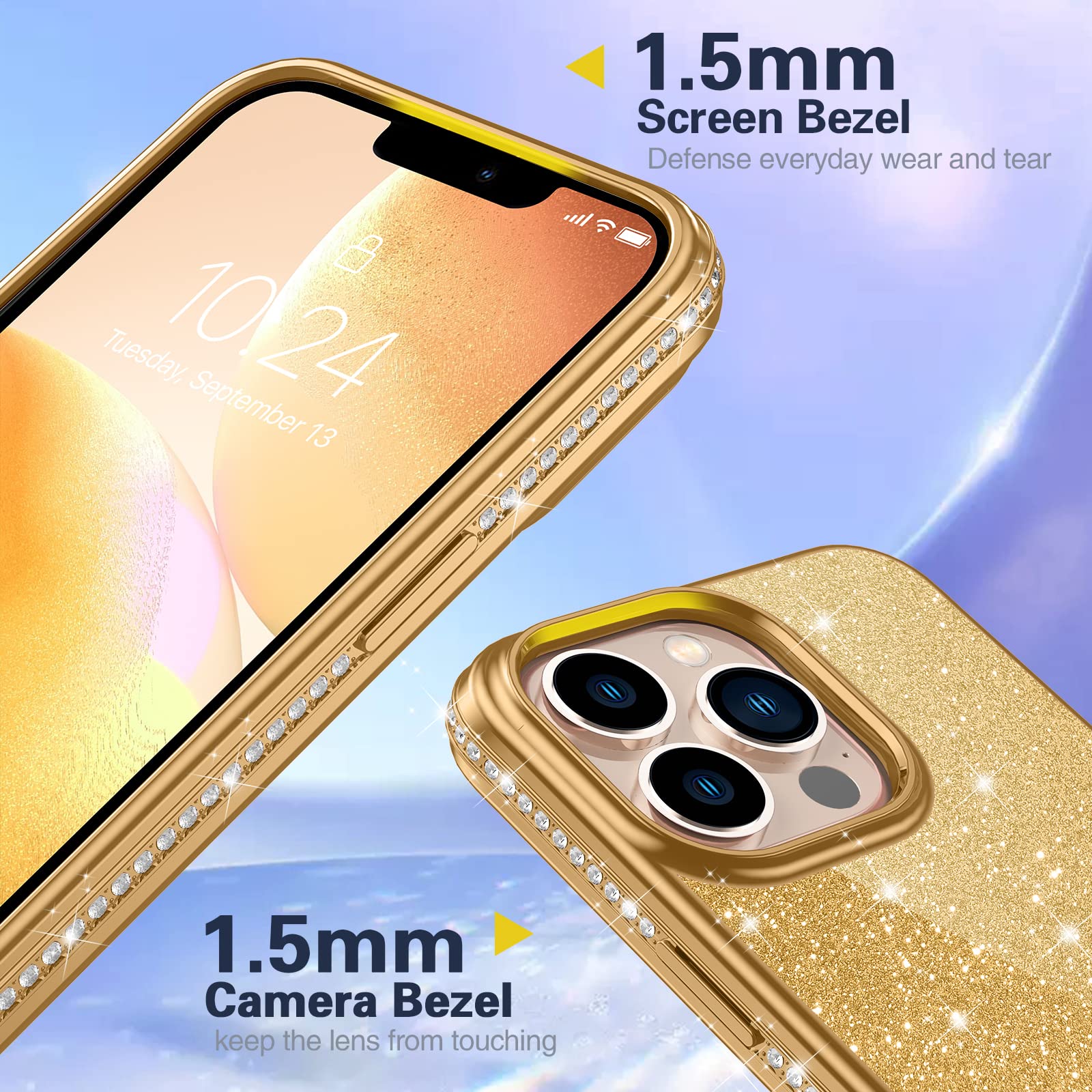 Sparkly Glitter Luxury Diamond iPhone 13 Pro Max Case - Shockproof Slim Fit Protective Cover for Women & Girls (Gold) | Perfect for Parties, Travel & Everyday Use