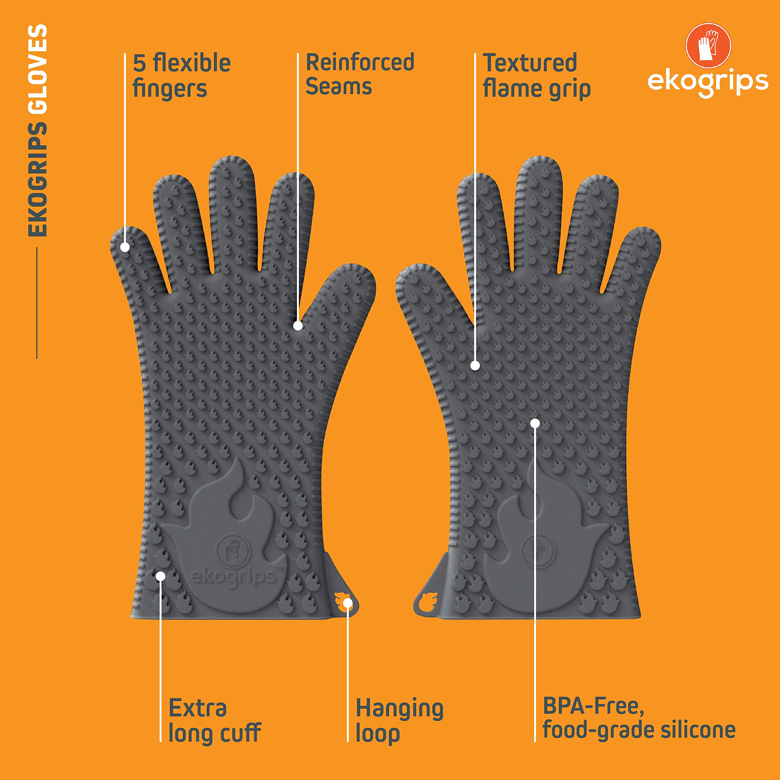 Ekogrips Premium Heat-Resistant BBQ Gloves for Grilling, Cooking & Meat Handling - Oven & Fireplace Safety Gloves - Campfire & Dishwashing Mitts - Orange Large/XL for Outdoor & Kitchen Use