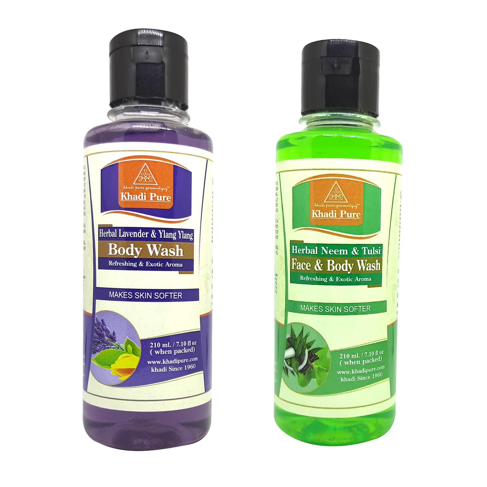 Khadi Pure Lavender Ylang Ylang & Neem Tulsi Body Wash for Soft Skin - 210ml (Pack of 2) - Natural Ayurvedic Shower Gel for Relaxation & Stress Relief - Perfect for Spa Nights & Self-Care Routines