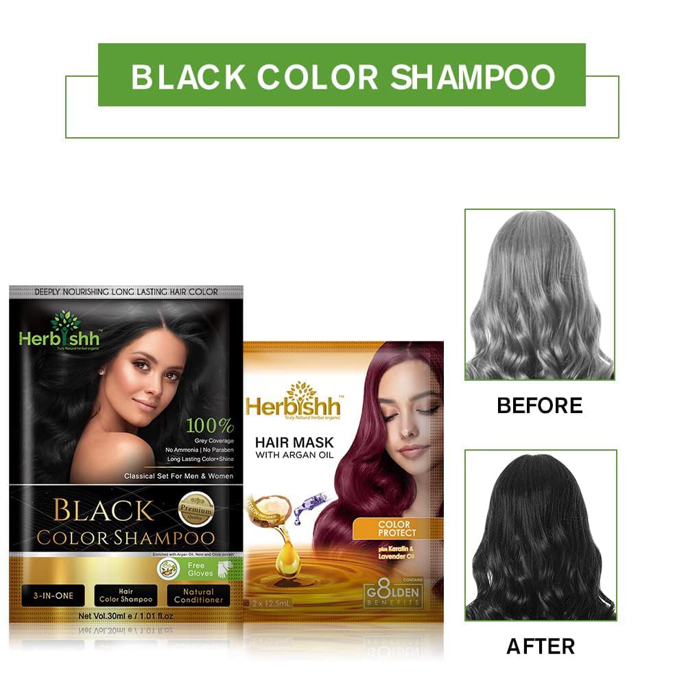 Herbishh Gray Hair Color Shampoo (Black) & Hair Wax Stick - Natural Hair Dye for Women & Men - Covers Gray Hair Instantly at Home or Salon