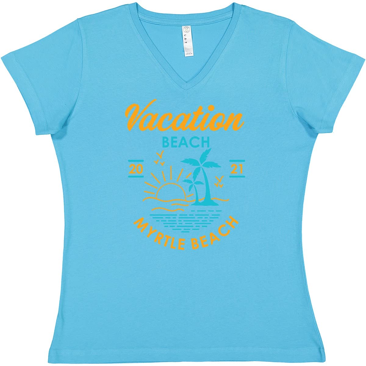 Inktastic Vacation Beach 2021 Myrtle Beach Sunset Women's V-Neck T-Shirt for Casual Outings and Beach Getaways
