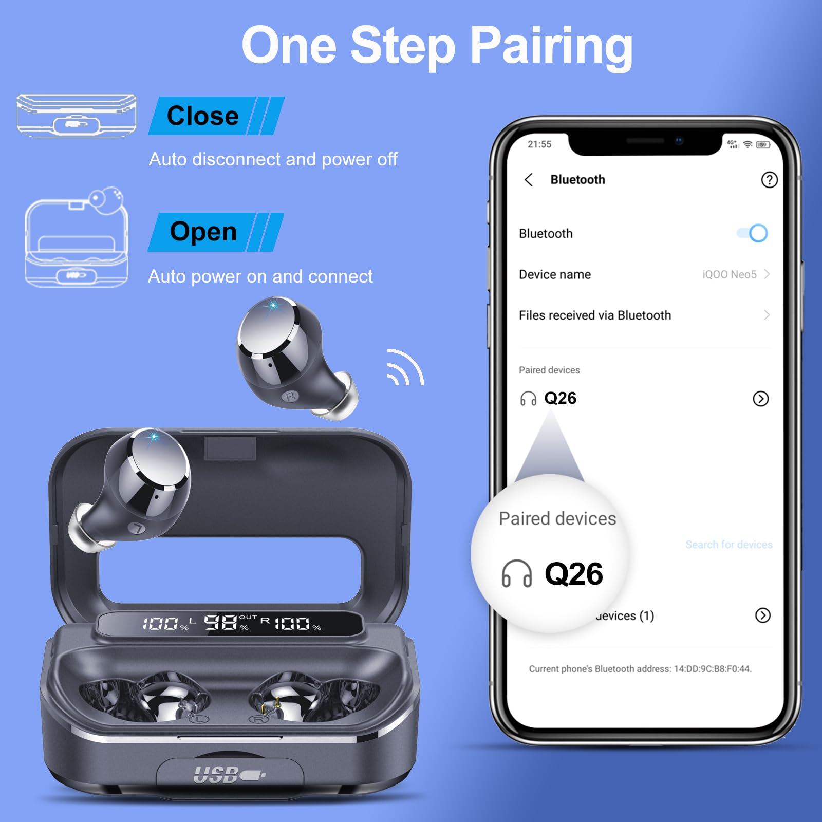 2024 Wireless Bluetooth Earbuds 5.3 with LED Power Display - 128H Playtime, IPX7 Waterproof, Noise Cancelling Mic for Sports & Gym - Compatible with iOS/Android Devices - Perfect for Running, Workouts & Daily Commute