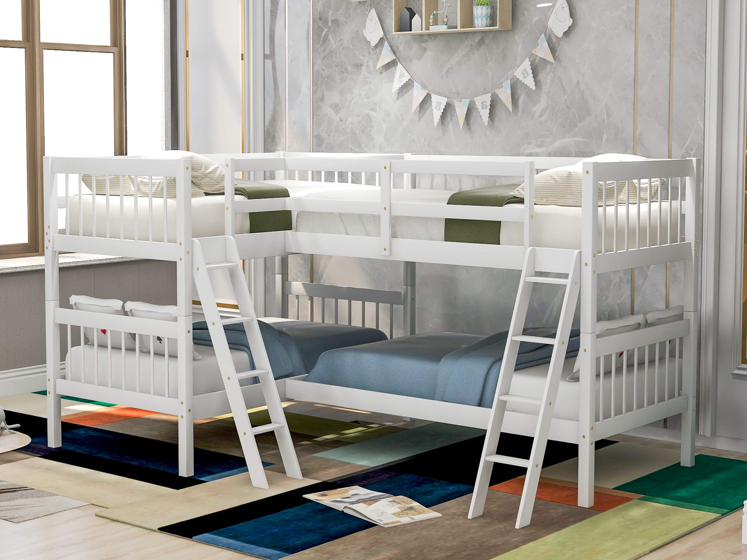 Harper & Bright Designs L-Shaped Quad Bunk Bed for 4 - Twin Size Wooden Bunk Bed Frame for Kids, Teens & Adults in White | Space-Saving Solution for Shared Bedrooms, Dorms & Vacation Homes