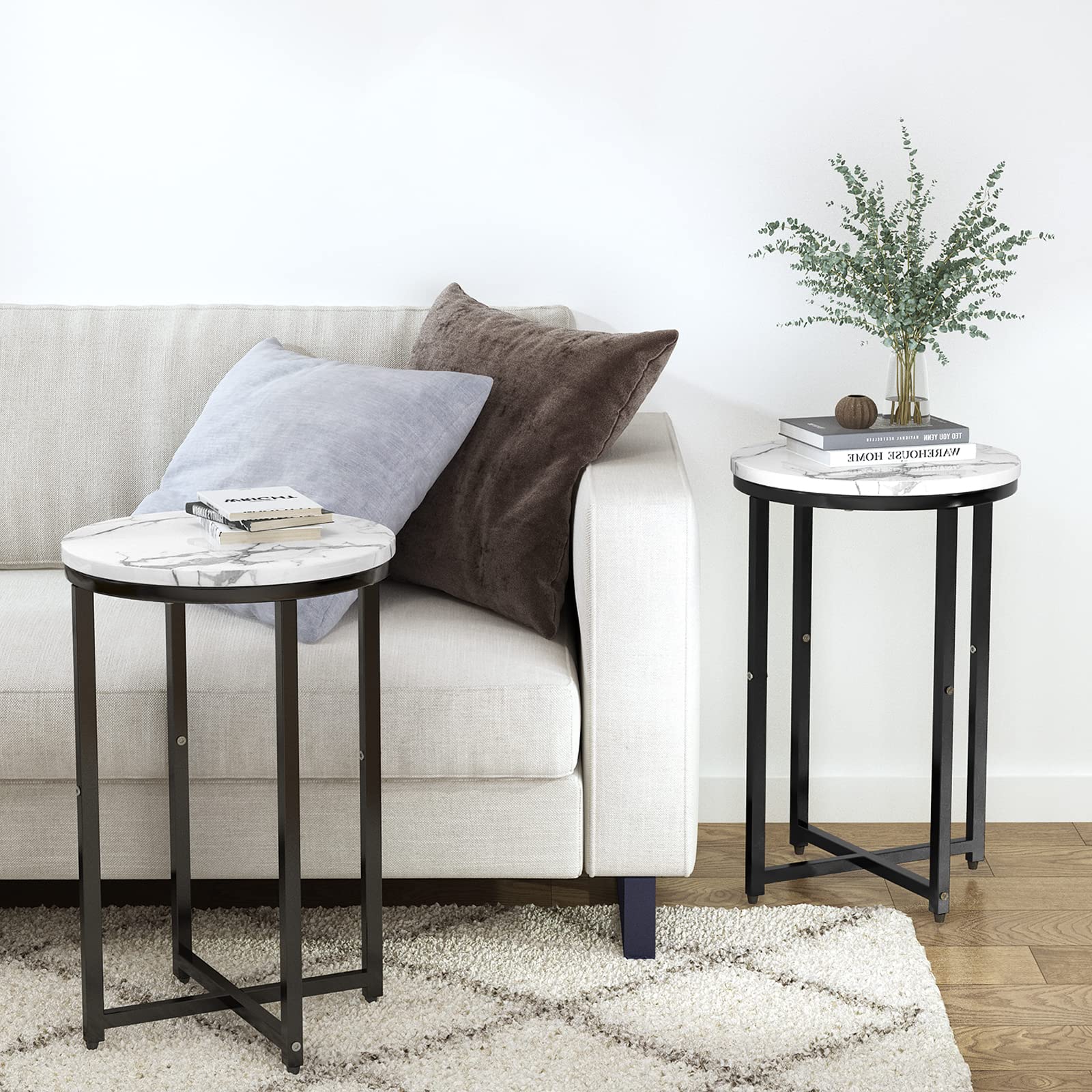 Hooseng 2-Piece Faux Marble Round Side Table Set - Glossy Black Modern End Tables for Living Room, Bedroom, Dining Room, Small Spaces & Home Decor Accent, Perfect for Coffee, Nightstand & Entryway Use