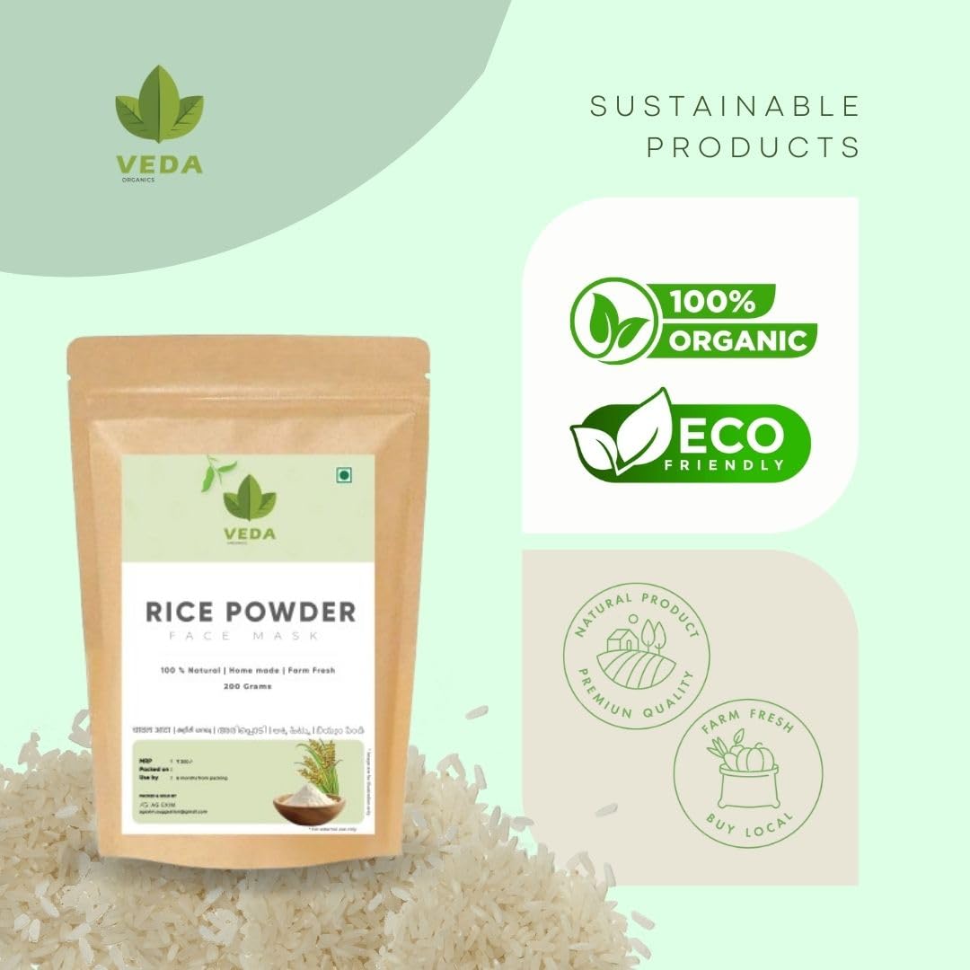 VEDA ORGANICS Rice Powder - 200g | Natural Rice Face Mask for Bright, Glowing Skin | Reduces Dark Spots, Tan & Acne | Perfect for Daily Skincare & Spa Treatments