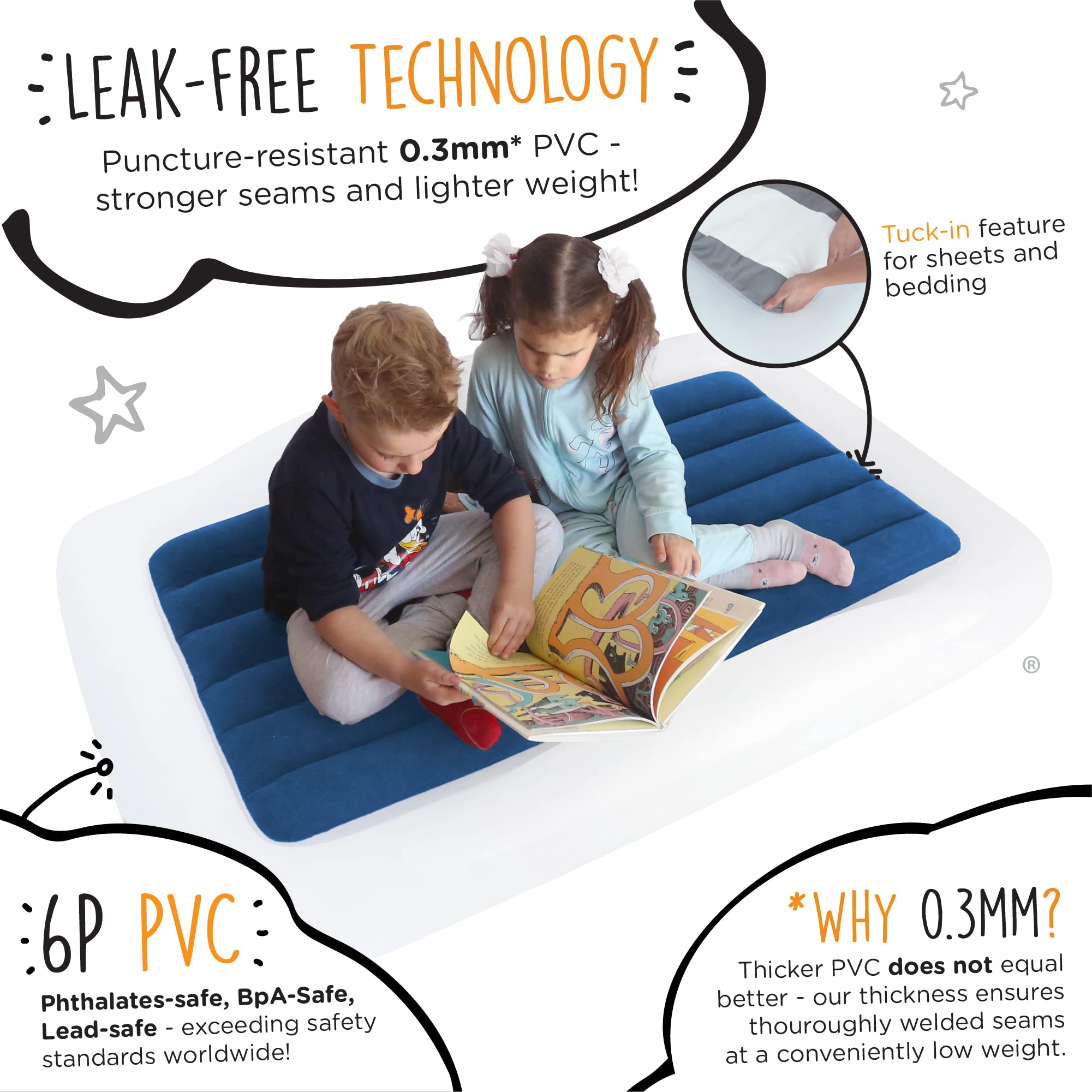 Portable Inflatable Toddler Travel Air Mattress with Side Rails & Electric Pump - Lightweight Kids Floor Bed for Camping, Hotels, Home & Outdoor Use | Perfect for Sleepovers, Road Trips & Backyard Adventures (Blue)