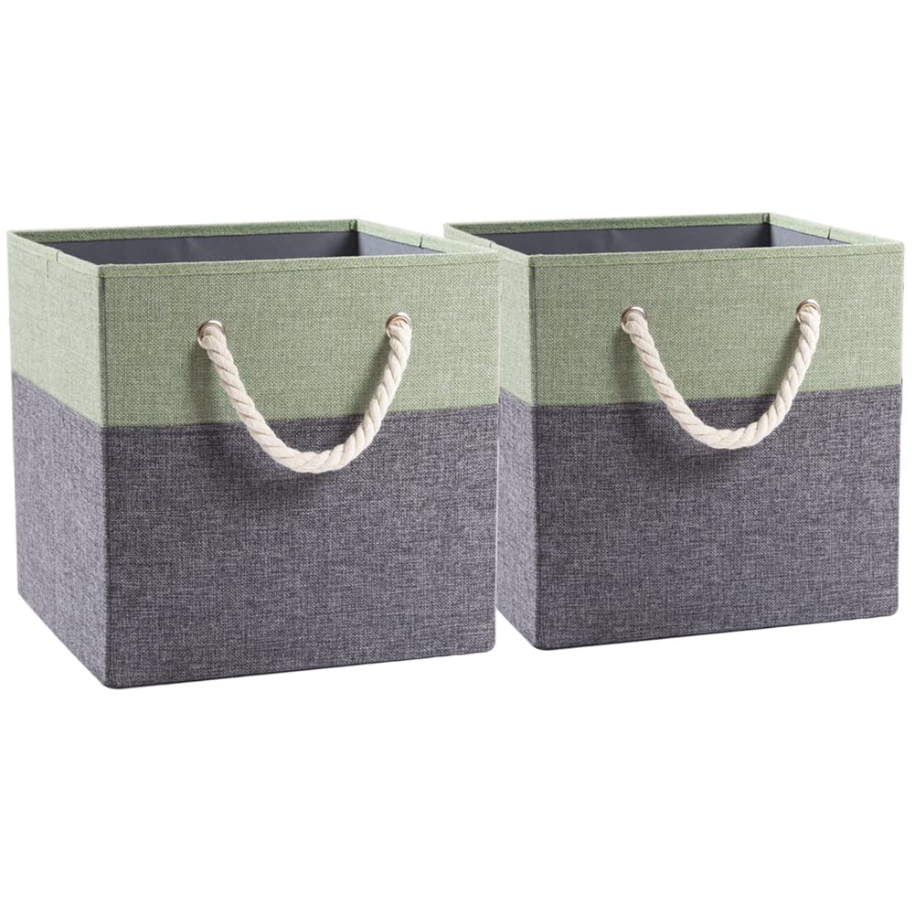 PRANDOM Large Foldable Cube Storage Bins 13x13 inch [2-Pack] - Fabric Linen Storage Baskets with Cotton Handles for Shelves, Closet, Nursery & Bedroom Organization - Perfect for Toys, Blankets & Home Decor (Green)