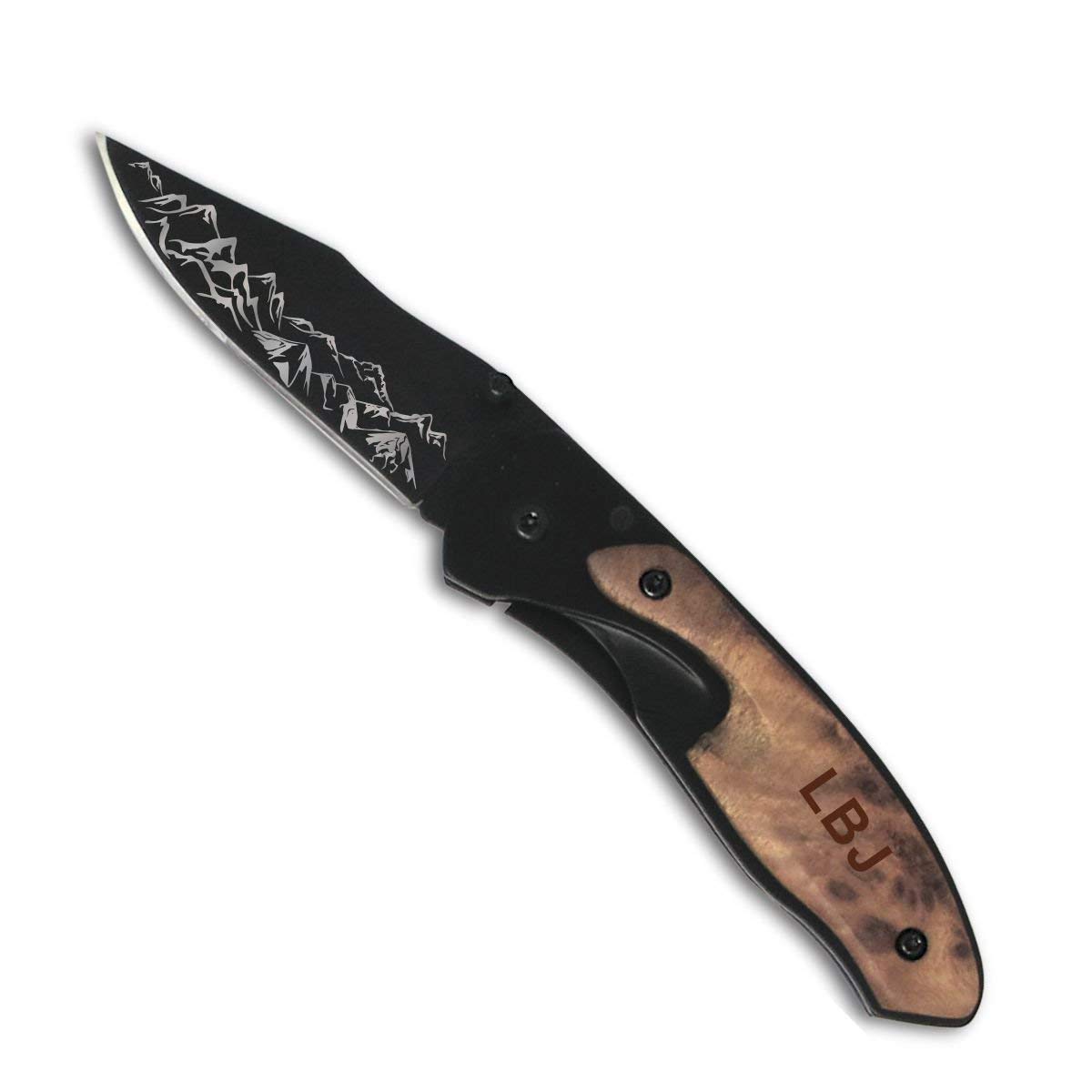 Personalized Outdoor Knife with Laser Engraved Mountain Design - Perfect Gift for Boyfriend, Camping, Hiking & Survival Gear - Compact Wooden Handle Tactical Knife for Adventurers