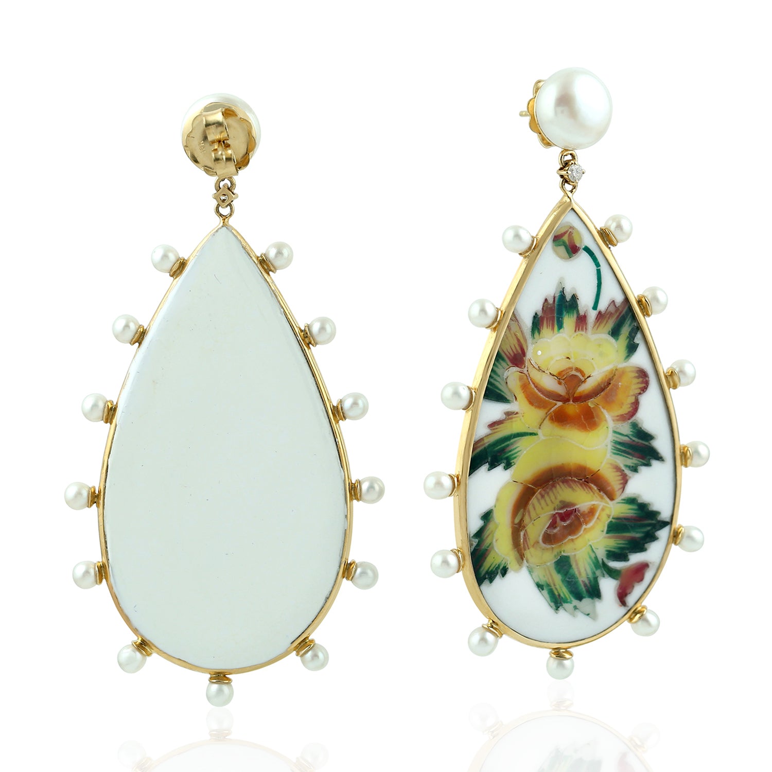 Beaded Pearl & Gemstone Picture Bakelite Prong Diamond Dangler Earrings in 14K Yellow Gold - Perfect for Weddings, Parties & Special Occasions