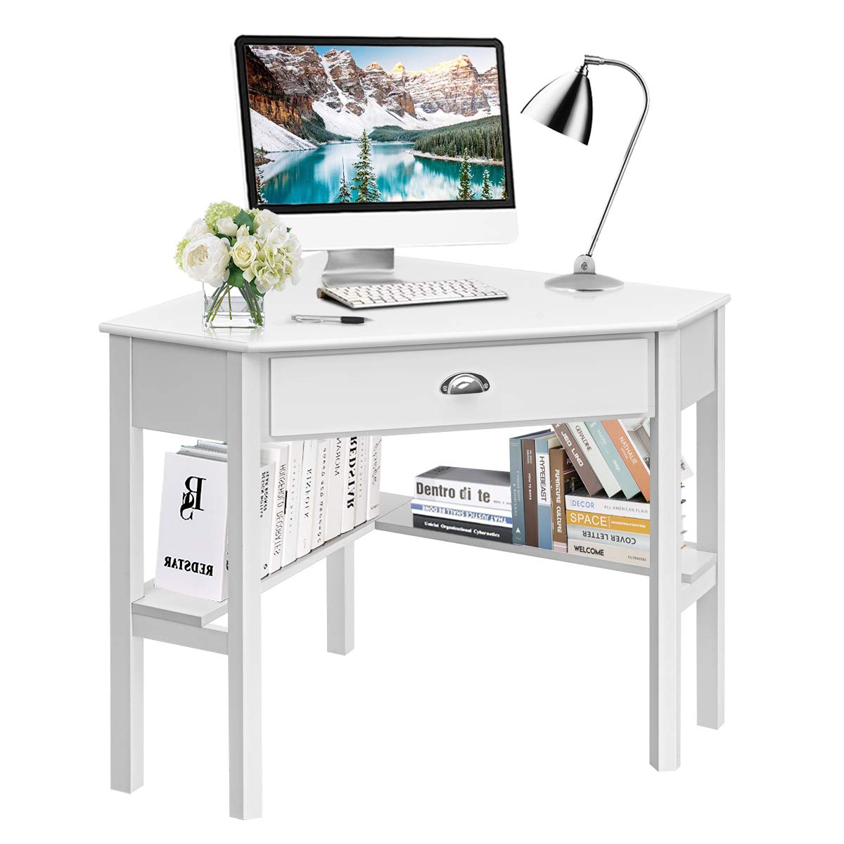 Tangkula White Corner Desk with Drawer & Storage Shelves - 90° Triangle Computer Desk for Small Spaces | Home Office, Study, Makeup Vanity & Gaming Setup