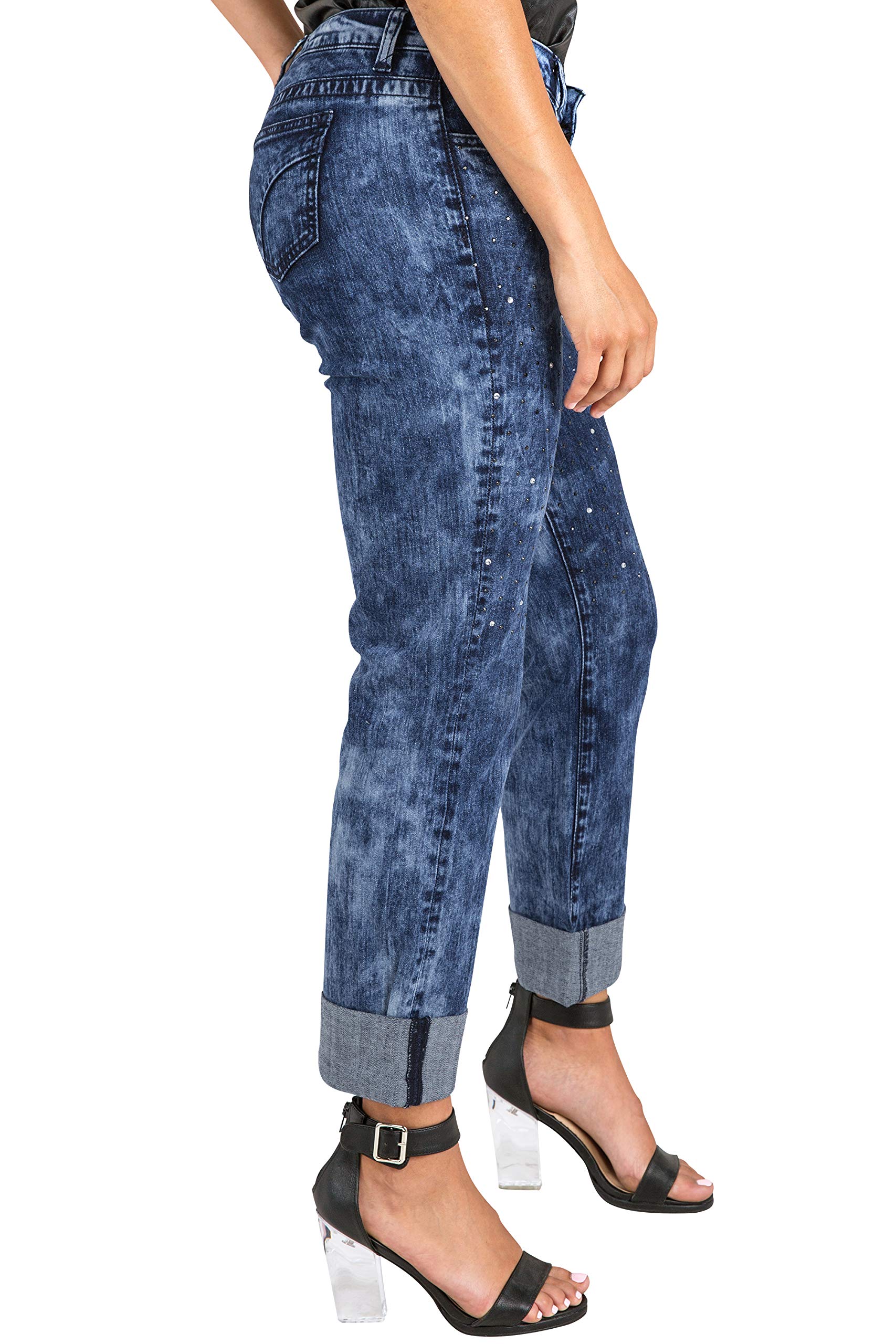 Poetic Justice Women's Curvy Fit Blue Stretch Encrusted Diamond Boyfriend Jeans | High Waist Distressed Denim Pants for Casual Wear & Night Out