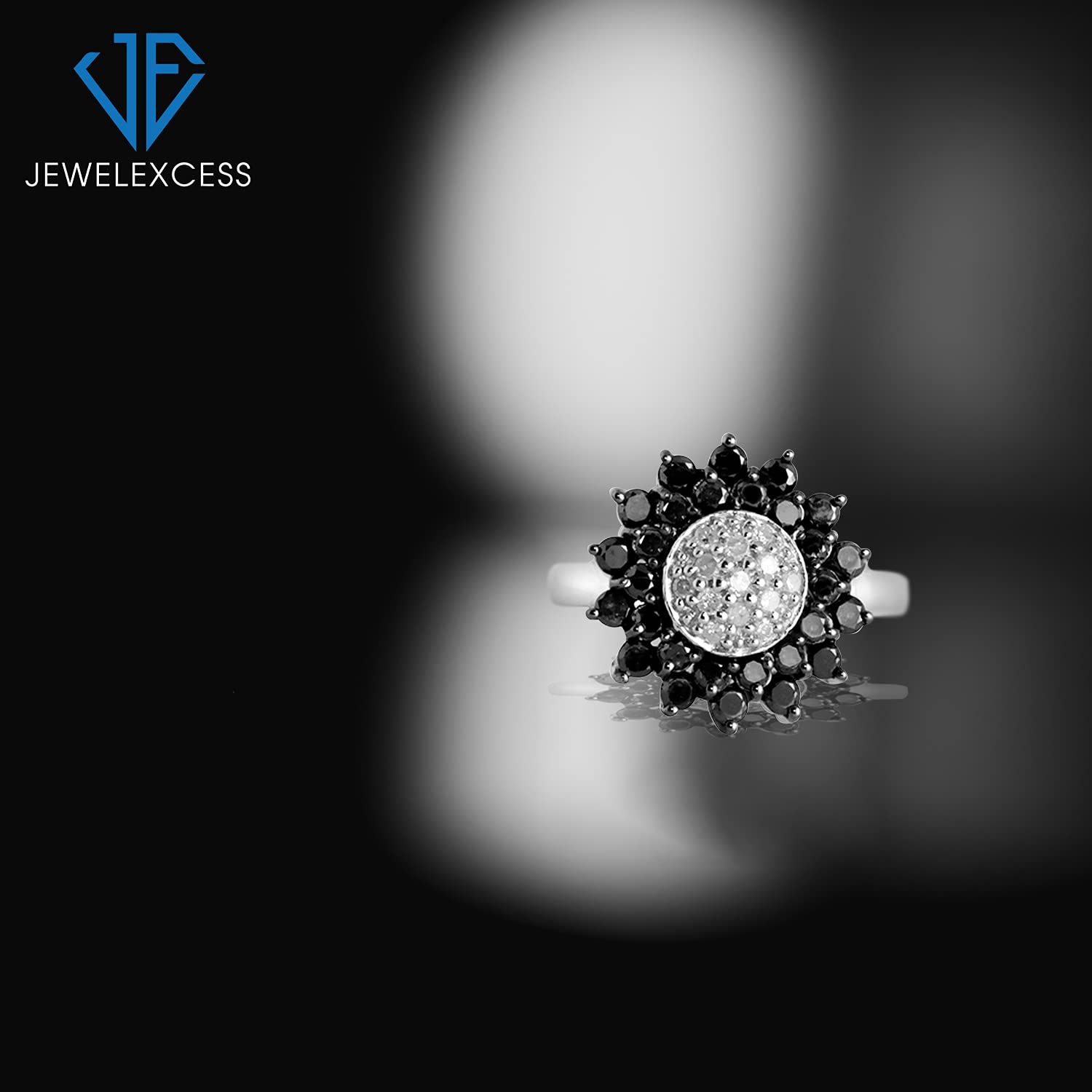 1.00 Carat T.W. Round Cut Black & White Diamond Sunflower Sterling Silver Ring for Women | Elegant Floral Jewelry Gift for Anniversary, Valentine's Day & Special Occasions