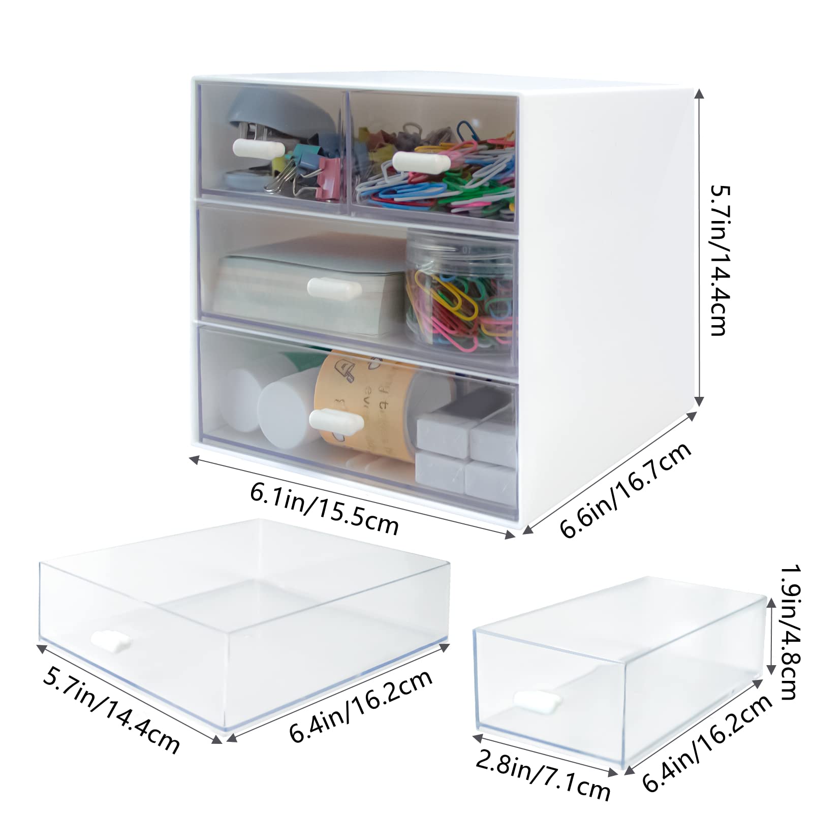 4-Drawer White Plastic Desk Organizer with Storage Box - Office, School & Home Stationery Supplies Organizer for Pens, Paper Clips & Small Accessories - Perfect for Workspace, Study Desk & Craft Room Organization