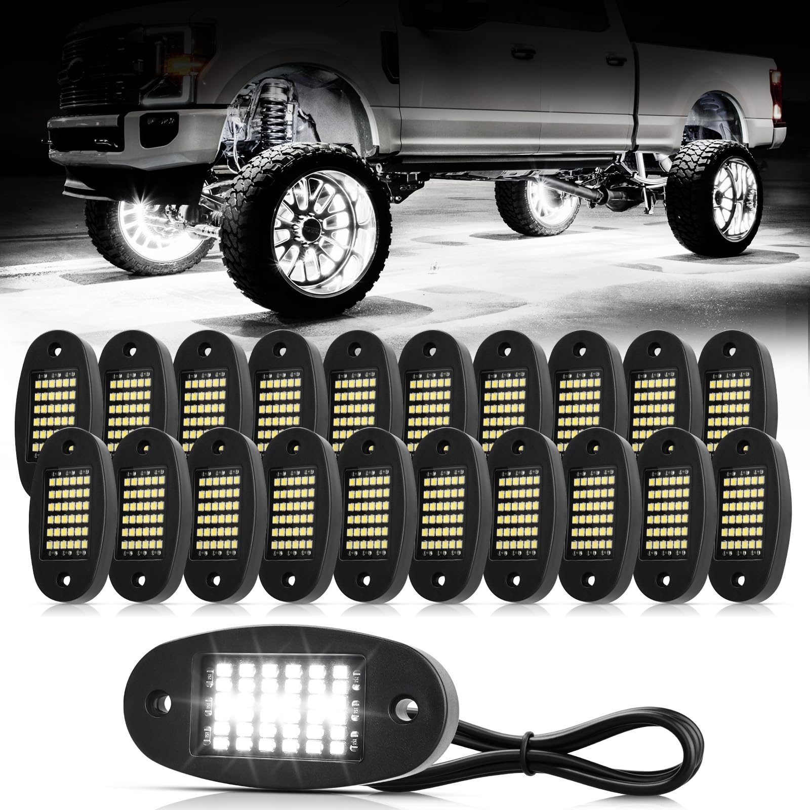20 Pods White Rock Lights 6000K Pure White - 36 LEDs SMD Super Bright Neon Underglow Lights IP68 Waterproof for Trucks, SUVs, UTVs, ATVs, RZRs, Cars & Boats - Perfect for Off-Roading, Night Driving & Vehicle Customization (White)