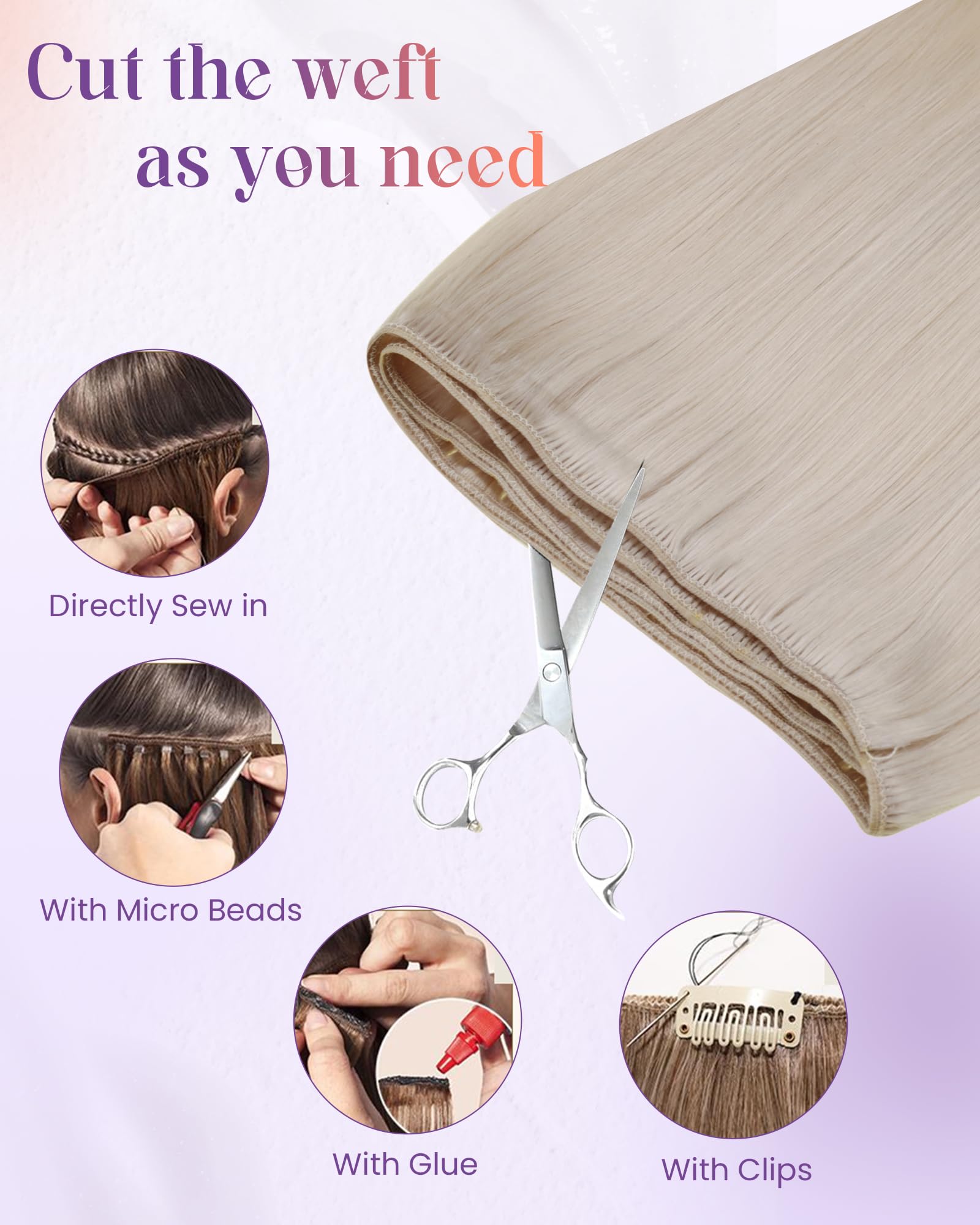 LaaVoo 100% Human Hair Weft Extensions - 16 Inch Platinum Blonde Straight Double Weft Sew-In Hair Extensions (100g) for Volume & Length - Perfect for Parties, Weddings & Daily Styling