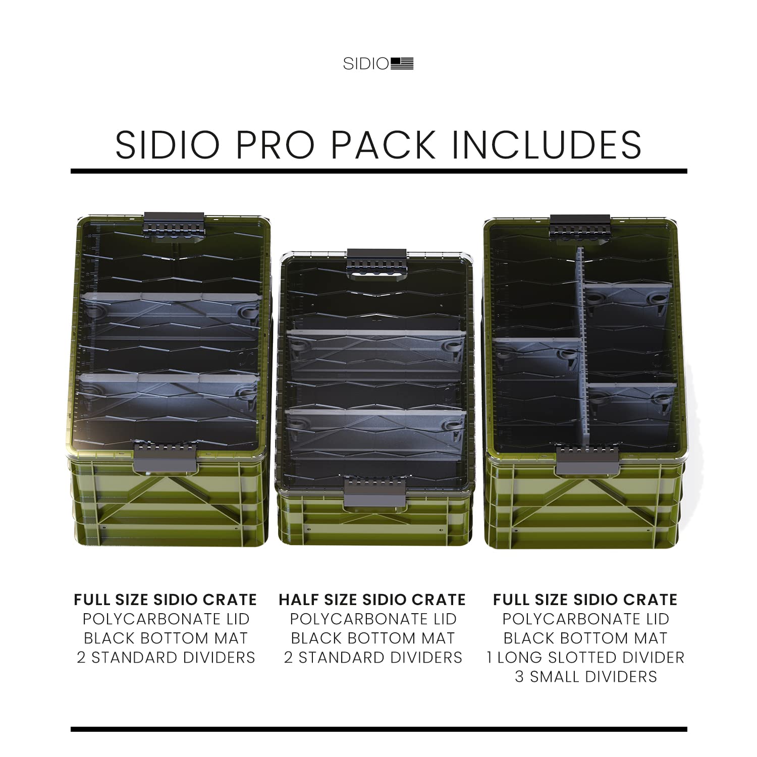 Crate Pro Pack - 2 Full-Size & 1 Half-Size Heavy Duty Stackable Plastic Storage Bins with Lids and Dividers - Durable Organizer Totes for Home Office, Garage, Closet, and Outdoor Camping Use - Perfect for Storage, Organization, and Moving Supplies