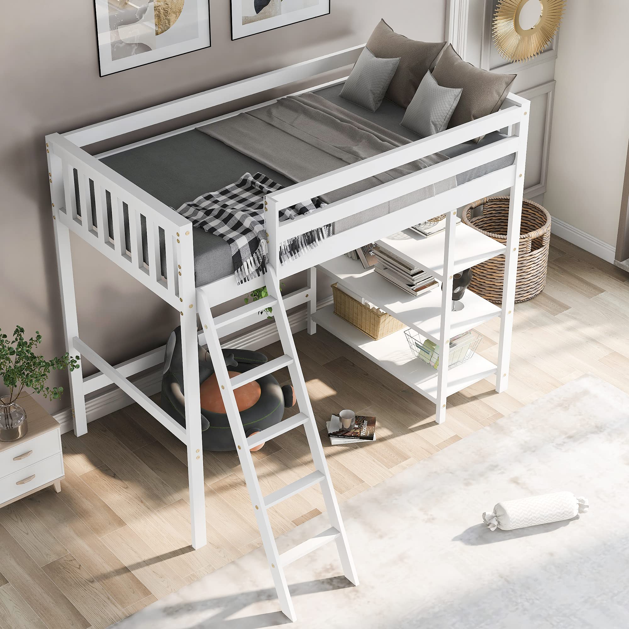 Twin Loft Bed with Storage Shelves - Solid Pine Wood Kids Bunk Bed for Children & Teens, No Box Spring Required (White) - Perfect for Small Bedrooms, Dorms & Space-Saving Kids Rooms