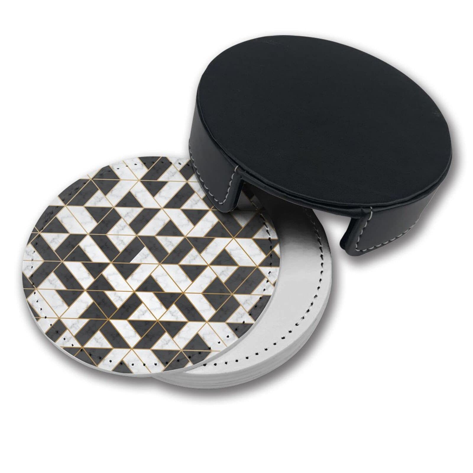 Premium Black White Gold Foil Geometric Leather Coasters with Holder - Set of 6 - Elegant Drink Coasters for Coffee, Wine & Cocktail Glasses - Perfect for Home, Office & Party Decor