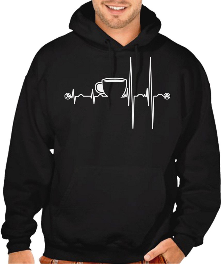 Men's Coffee Cup Heartbeat Black Pullover Hoodie Sweater - Soft Casual Warm Fleece Hooded Sweatshirt for Coffee Lovers, Gifts & Everyday Wear
