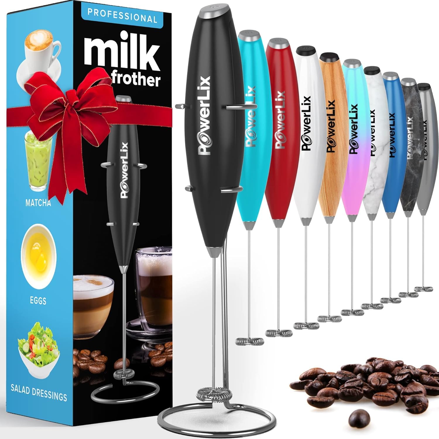 PowerLix Electric Milk Frother with Stainless Steel Stand - 19000 RPM, Battery Operated for Coffee, Latte, Cappuccino, Hot & Cold Chocolate - Perfect for Home, Office, and Cafe Use