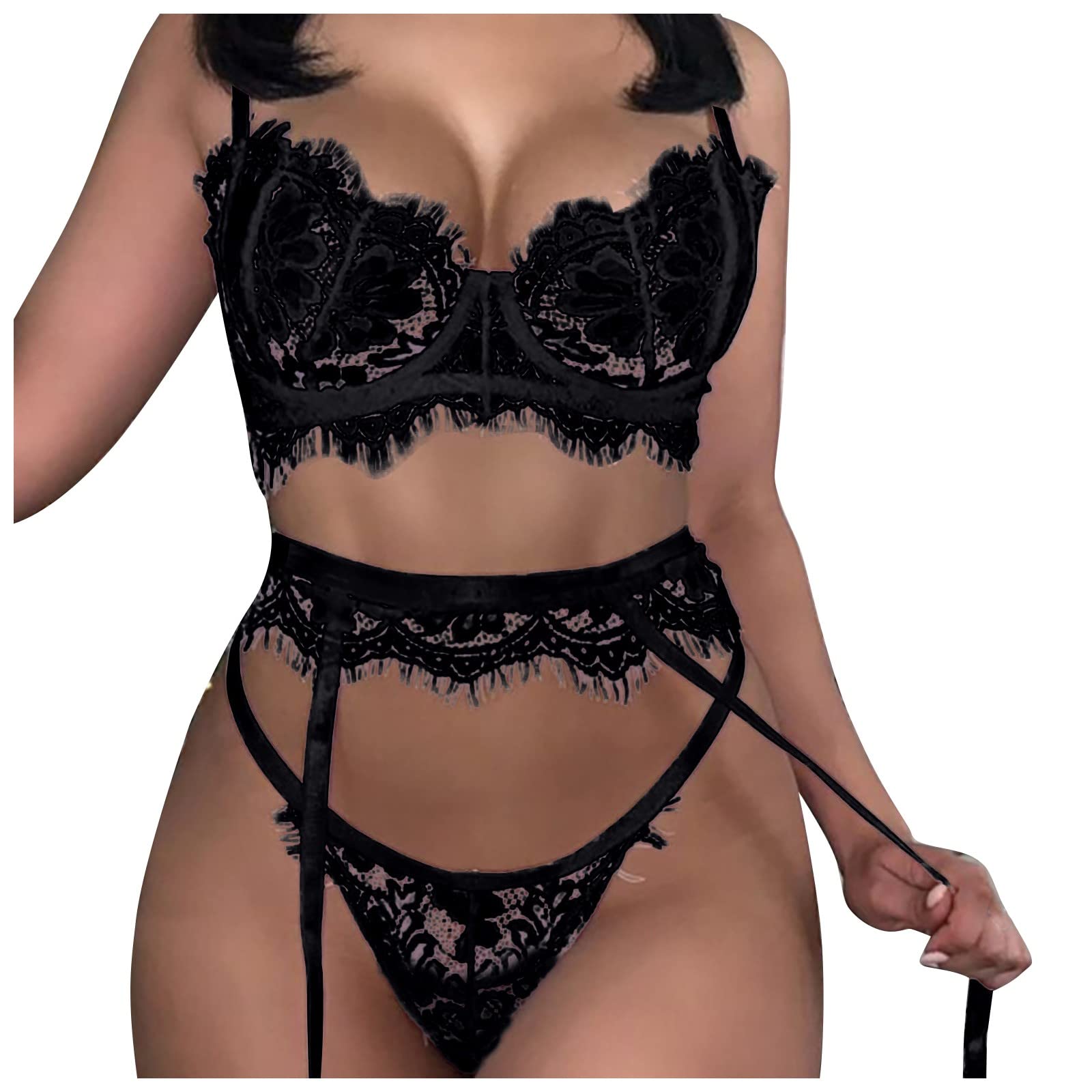 Exotic Women's Lingerie Set - Lace Garter Teddy Babydoll with Strappy Bra & Panty (No Stockings) in Black | Sexy Lace Underwear for Valentine's Day, Honeymoon & Romantic Nights