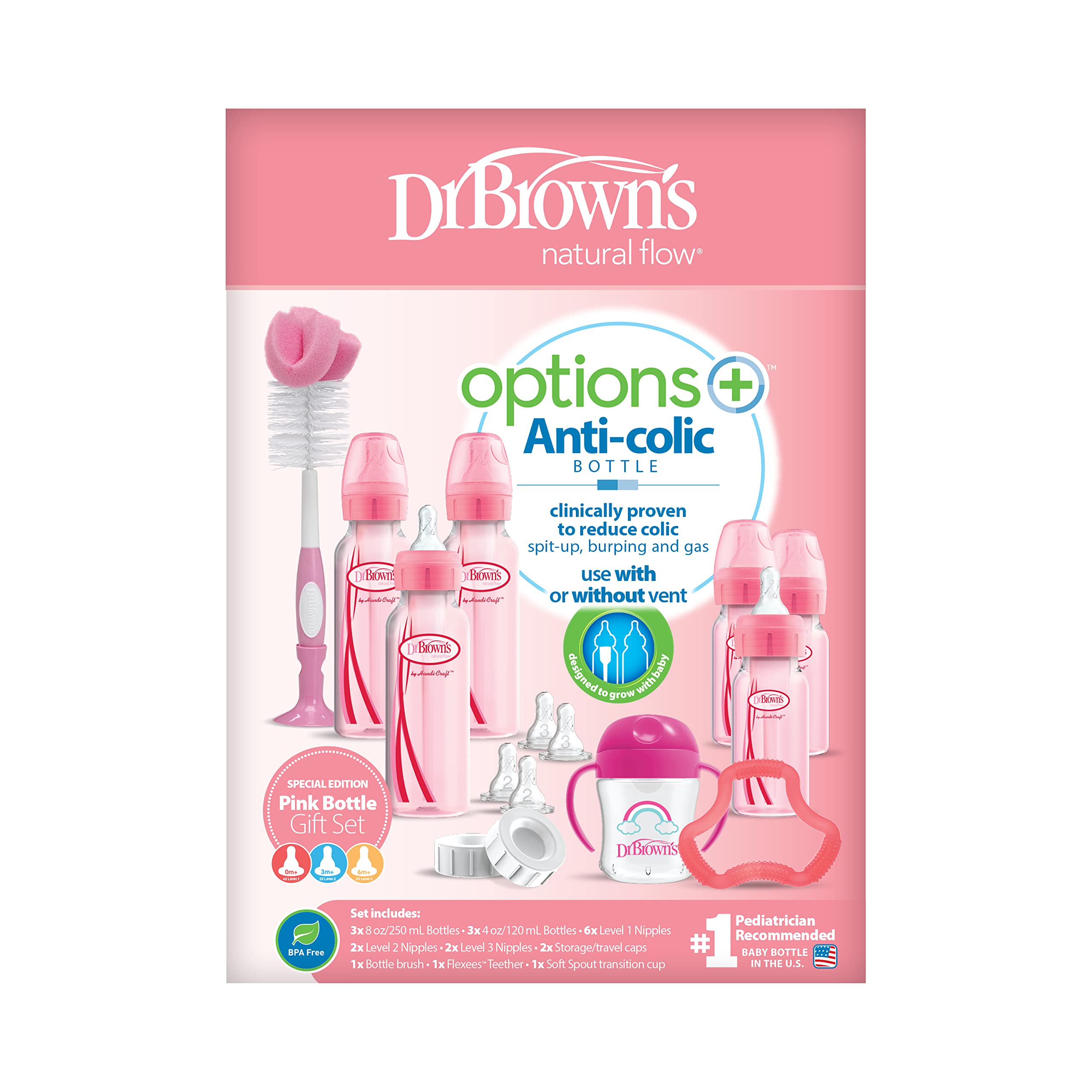 Dr. Brown's Deluxe Electric Baby Bottle Sterilizer & Warmer | Options Baby Bottle Gift Set (Pink) - Perfect for Newborns, Travel & Daycare Use