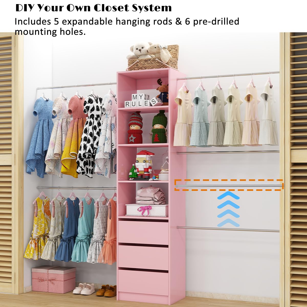 Custom Closet Organizer System 5-8FT with Drawers & Hanging Rods for Walk-in Closets (Pink)