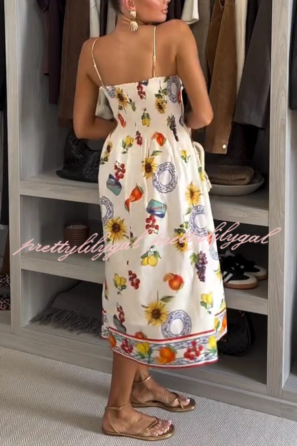 Stylish Summer Fruit Print Sling Pleated Midi Dress - Perfect for Vacation, Beach Outings & Casual Daywear