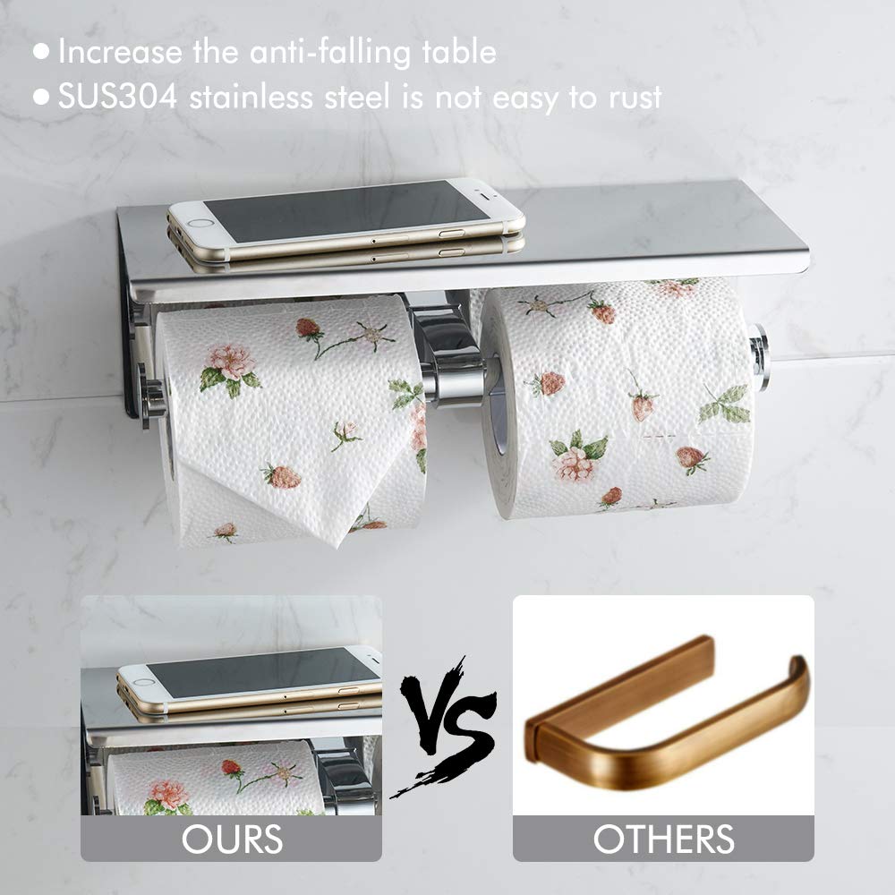 Premium 304 Stainless Steel Double Toilet Paper Holder with Shelf - Brushed Nickel Wall Mounted Bathroom Tissue Roll Dispenser | Space Saving Modern Design for Bathroom, Kitchen & RV