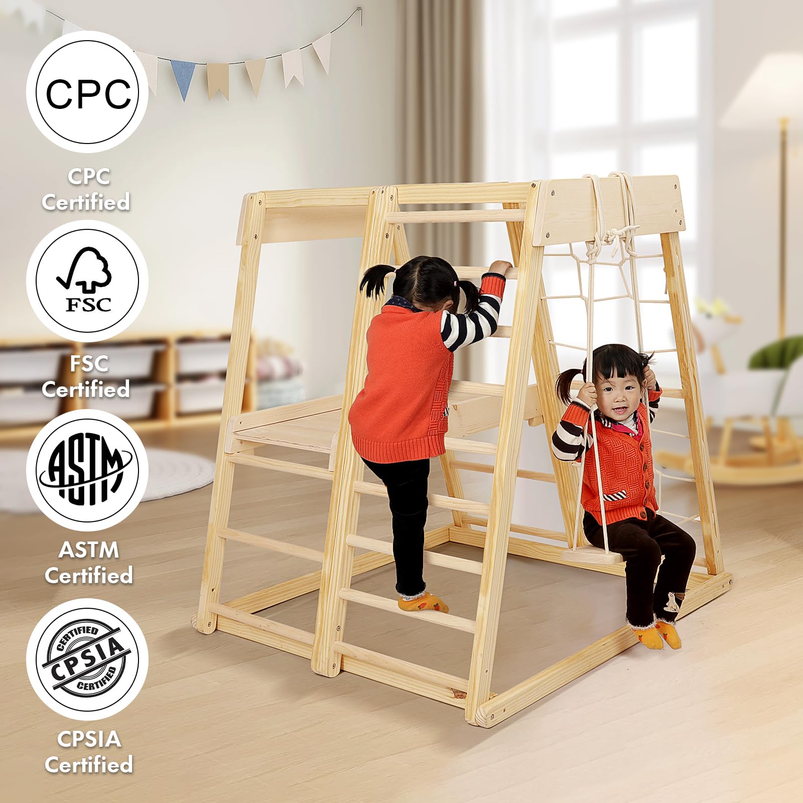 7-in-1 Indoor Jungle Gym for Toddlers - Kids Climbing Toys with Slide, Rock Wall, Rope Climber, Monkey Bars & Swing | Perfect for Home Playroom, Daycare & Indoor Playground Activities