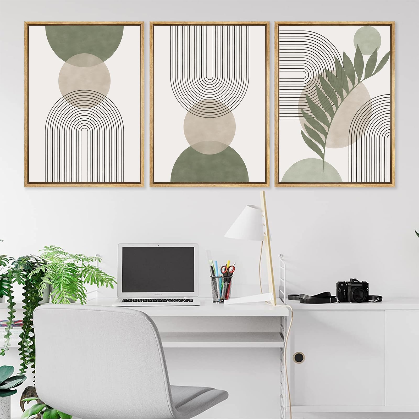 Sage Green Framed Wall Art Set of 3 - Minimalist Boho Decor with Geometric Leaf Sun Moon Design - Abstract Botanical Canvas Prints for Living Room, Bedroom & Office Decor
