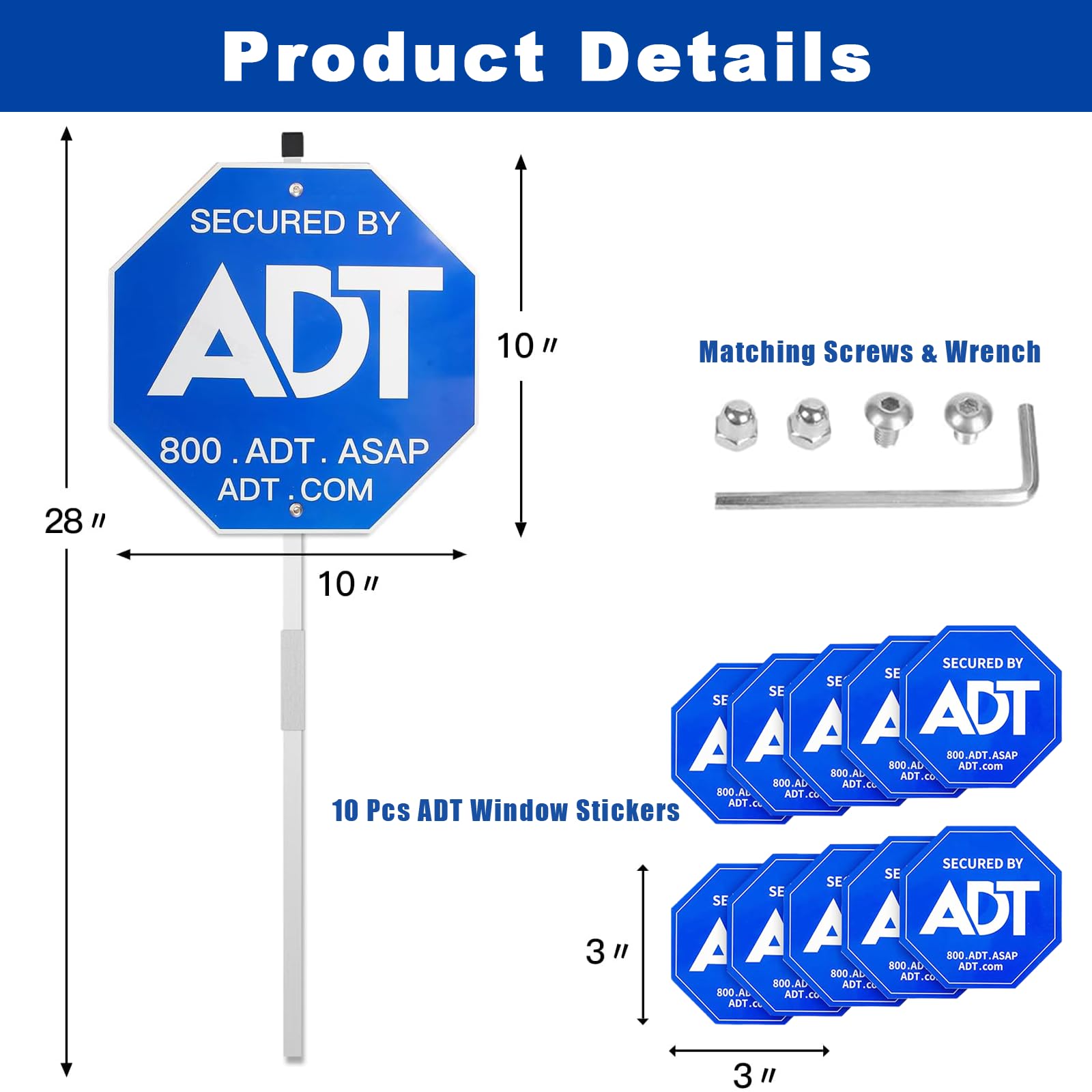 28 Inch ADT Security Yard Signs with Metal Stake & 10 Window Stickers - Heavy Duty Weatherproof Aluminum Home Security Warning Signs for House Protection - Perfect for Front Yard, Backyard, Garage & Windows