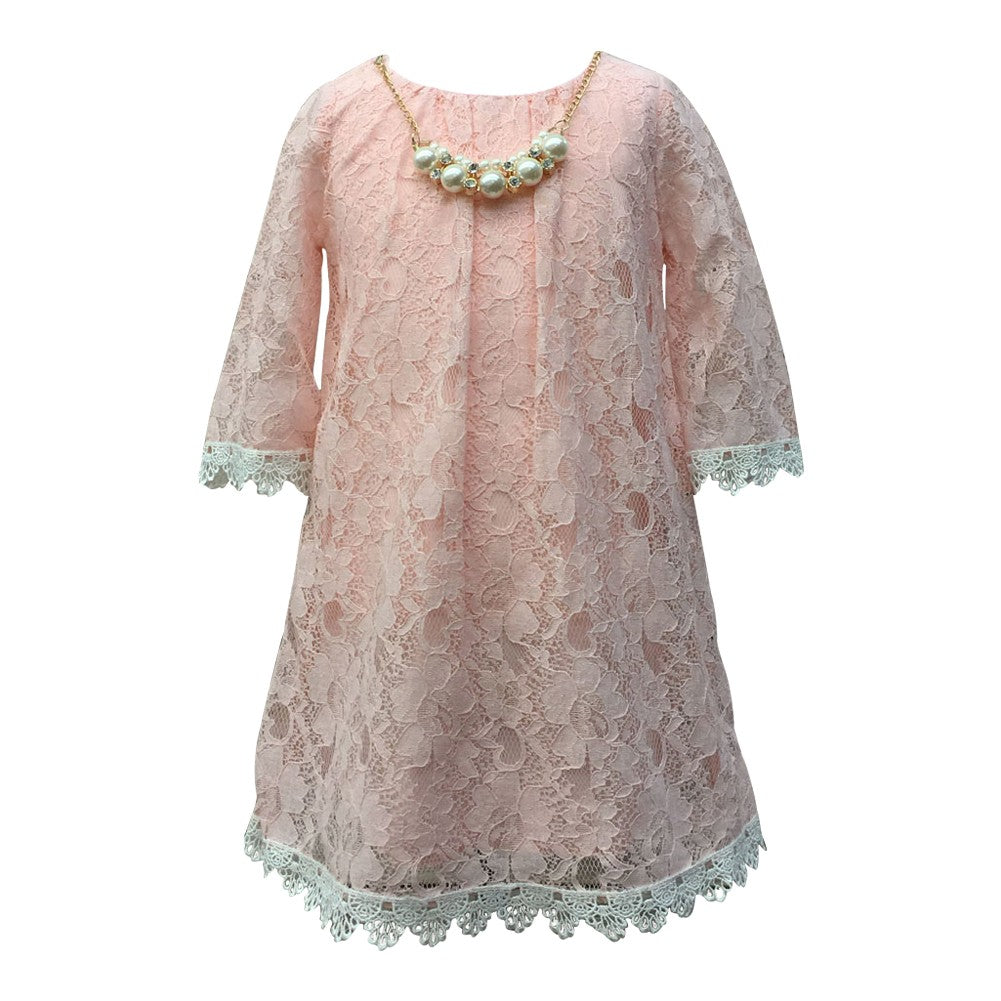Elegant Blush Lace Neckline Junior Bridesmaid Dress for Big Girls - Size 8-12 | Perfect for Weddings, Formal Events & Special Occasions