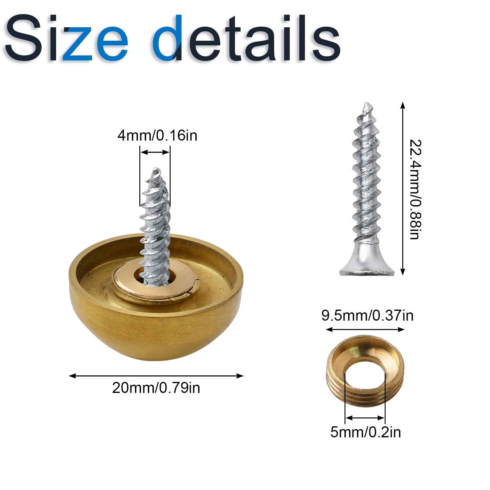INCREWAY 20 Sets 20mm Golden Hemispherical Mirror Screws - Zinc Alloy Thick Decorative Cover Nails for Wall Mirrors, Bathroom Vanities & Home Decor