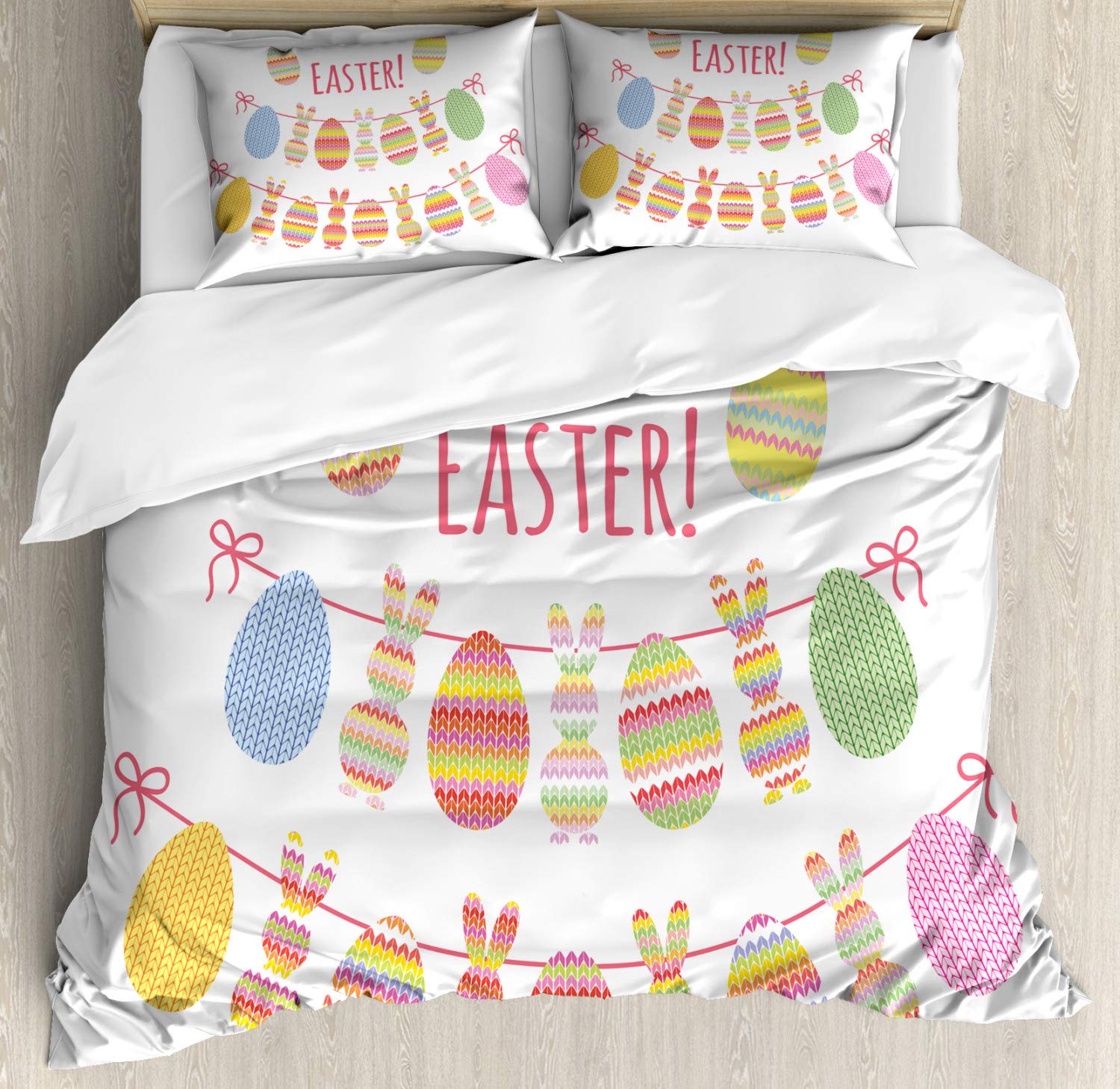 Ambesonne Easter Bunny Duvet Cover Set - Happy Easter Typography with Colorful Eggs & Rabbit Bunting Knitted Look - 3 Piece Queen Size Bedding Set with 2 Pillow Shams - Multicolor Spring Decor for Bedroom, Guest Room & Easter Party Decorations