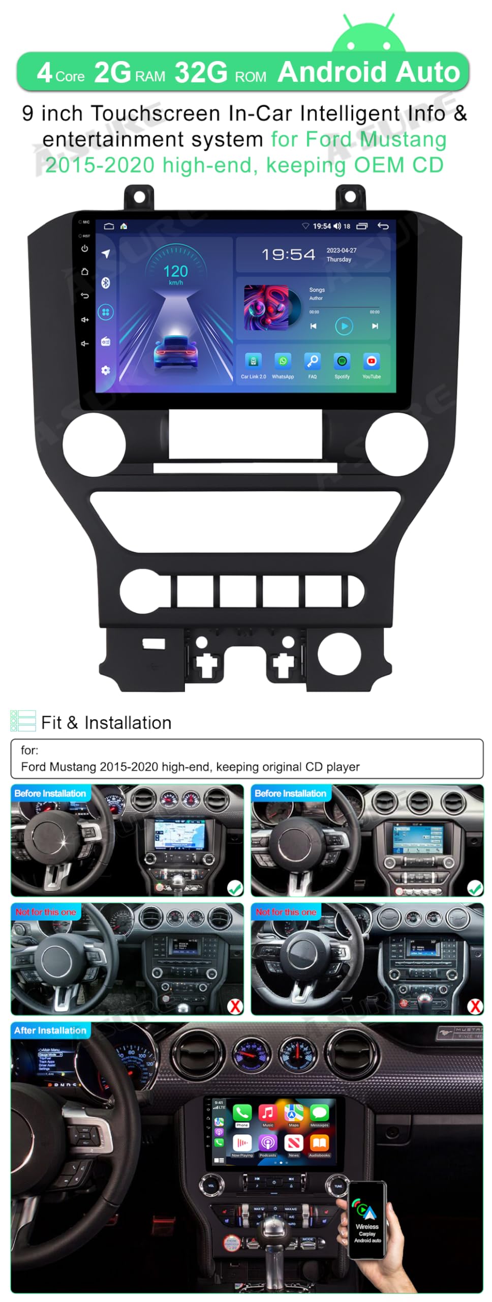 ASURE 9-inch Android Car Stereo Radio for Ford Mustang 2015-2020 | 4-Core 2+32GB | Wireless CarPlay & Android Auto | HD 1280x800 Touchscreen | In-Dash GPS Navigation | Automatic A/C Control | Perfect for Road Trips & Daily Commuting