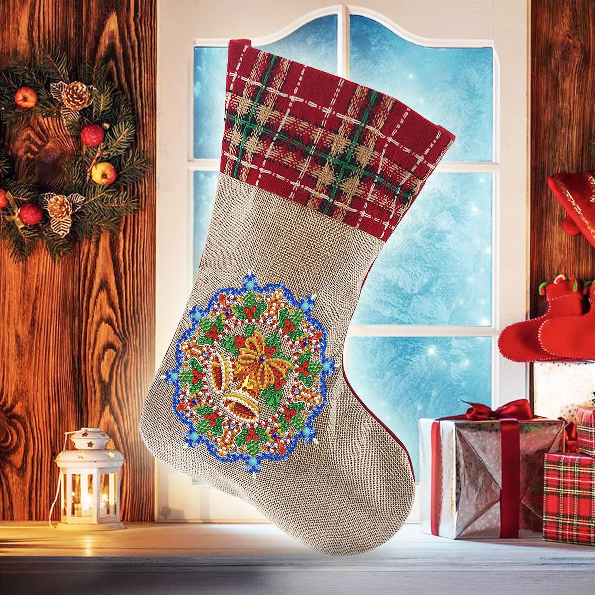 5D Diamond Painting Christmas Stockings Kit - DIY 14 Inch Holiday Bell & Candy Bag for Fireplace Decor - Perfect for Family Christmas Party, Home Decoration & Gift Giving