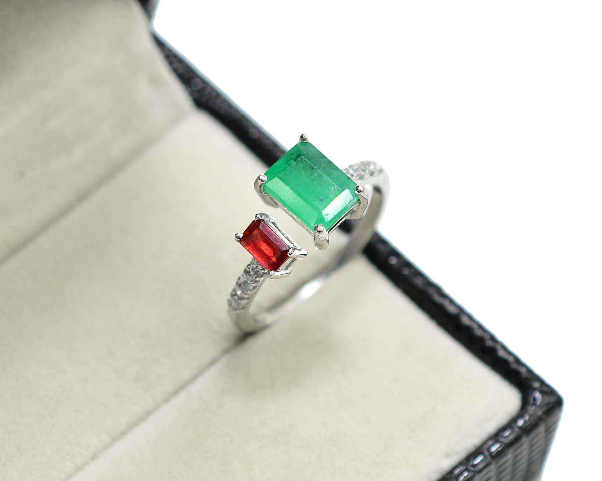Natural Green Emerald & Red Ruby Ring - 925 Sterling Silver July Birthstone Promise Ring for Women | Elegant Jewelry Gift for Girlfriend, Wife, Christmas, Anniversary & Special Occasions