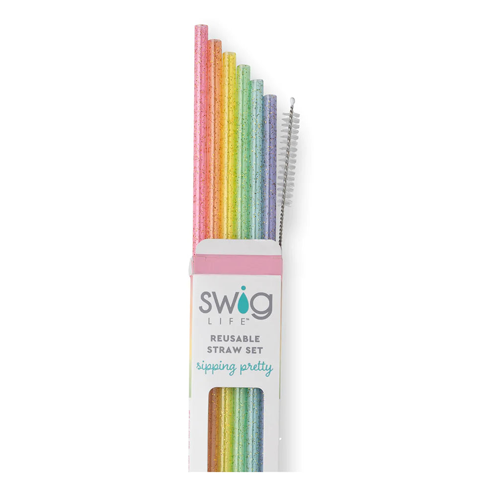 Rainbow Glitter Reusable Straw Set - 12 Pack Eco-Friendly Stainless Steel Drinking Straws with Cleaning Brush | Perfect for Smoothies, Cocktails, Parties & Home Use