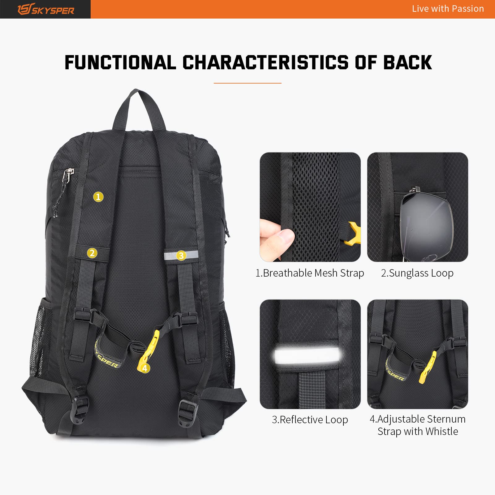 SKYSPER 30L Lightweight Packable Hiking Backpack - Waterproof Wet Pocket Foldable Daypack for Travel, Camping & Outdoor Activities - Perfect Carry-on Backpack for Women & Men