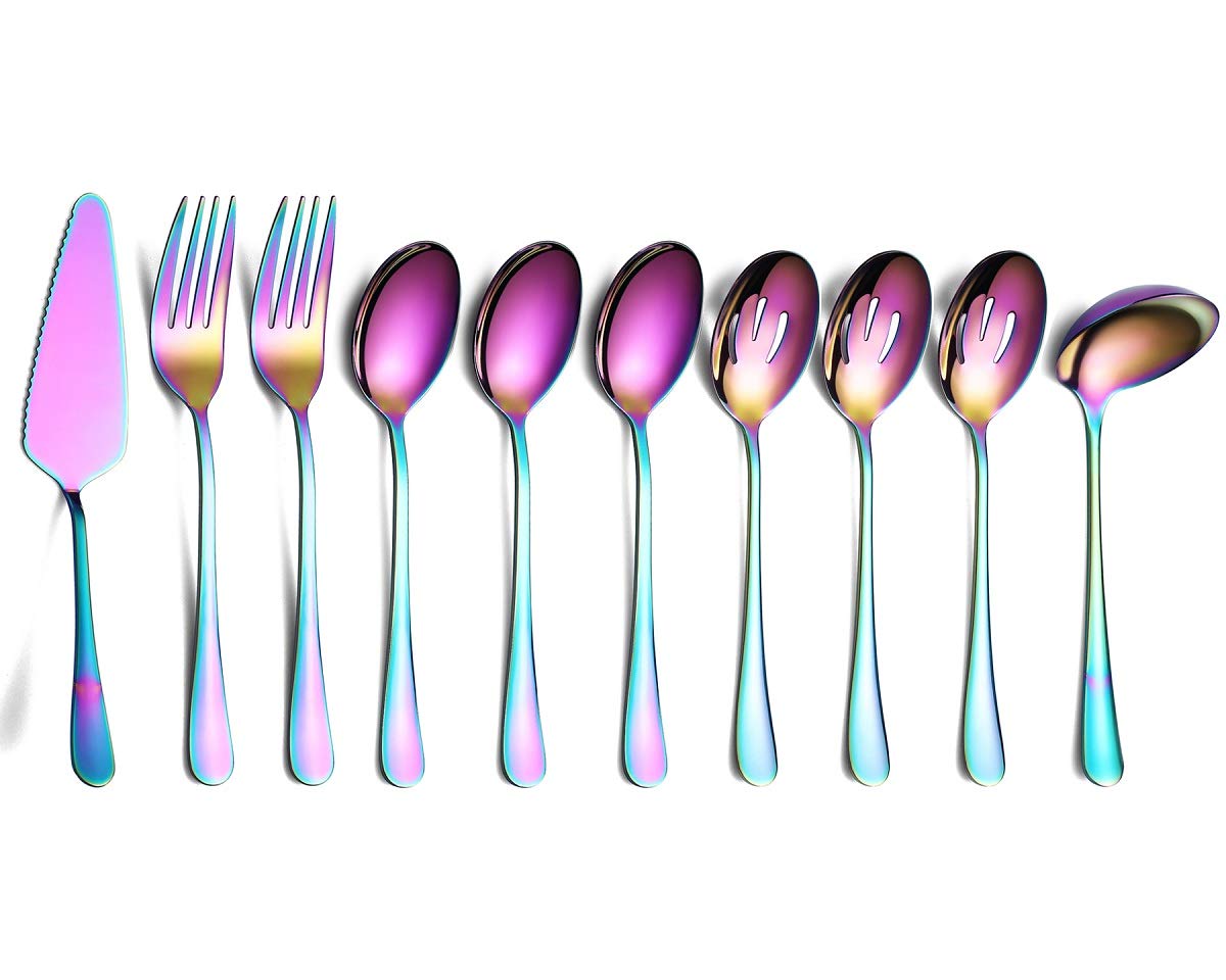Rainbow 10-Piece Stainless Steel Flatware Set - Includes Slotted Spoon, Cake Server, Fork & Soup Ladle - Perfect for Dinner Parties, Catering & Home Entertaining