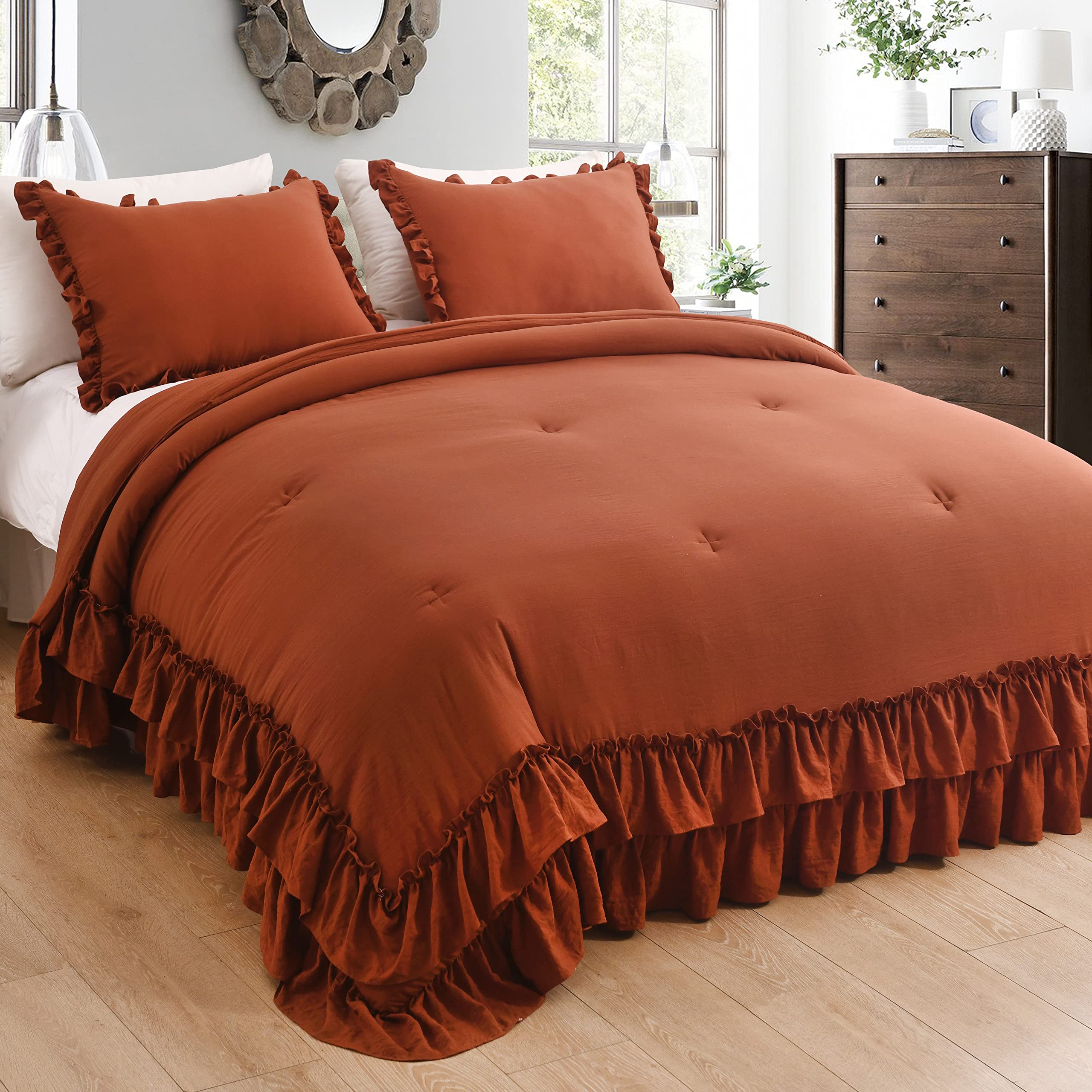 QSH Terracotta Ruffled Comforter Set Queen Size 3 Piece - Farmhouse Rustic Bedding Set with Soft Lightweight Microfiber Comforter - Perfect for Cozy Bedrooms & Guest Rooms