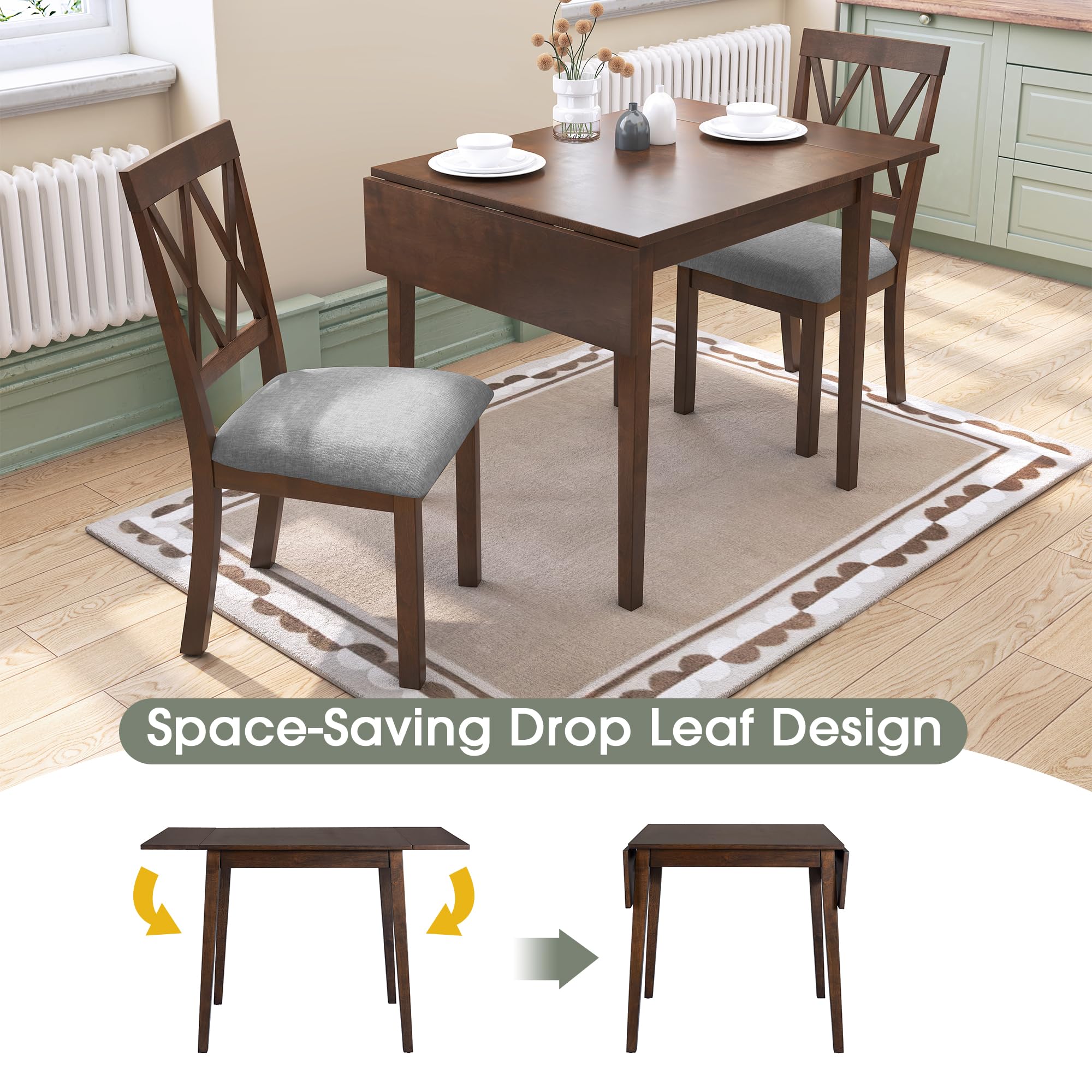 Merax 5-Piece Extendable Dining Table Set with Drop Leaf Table & 4 Padded Chairs - Space-Saving Foldable Design for Small Apartments, Kitchens & Dining Rooms - Rich Brown Finish
