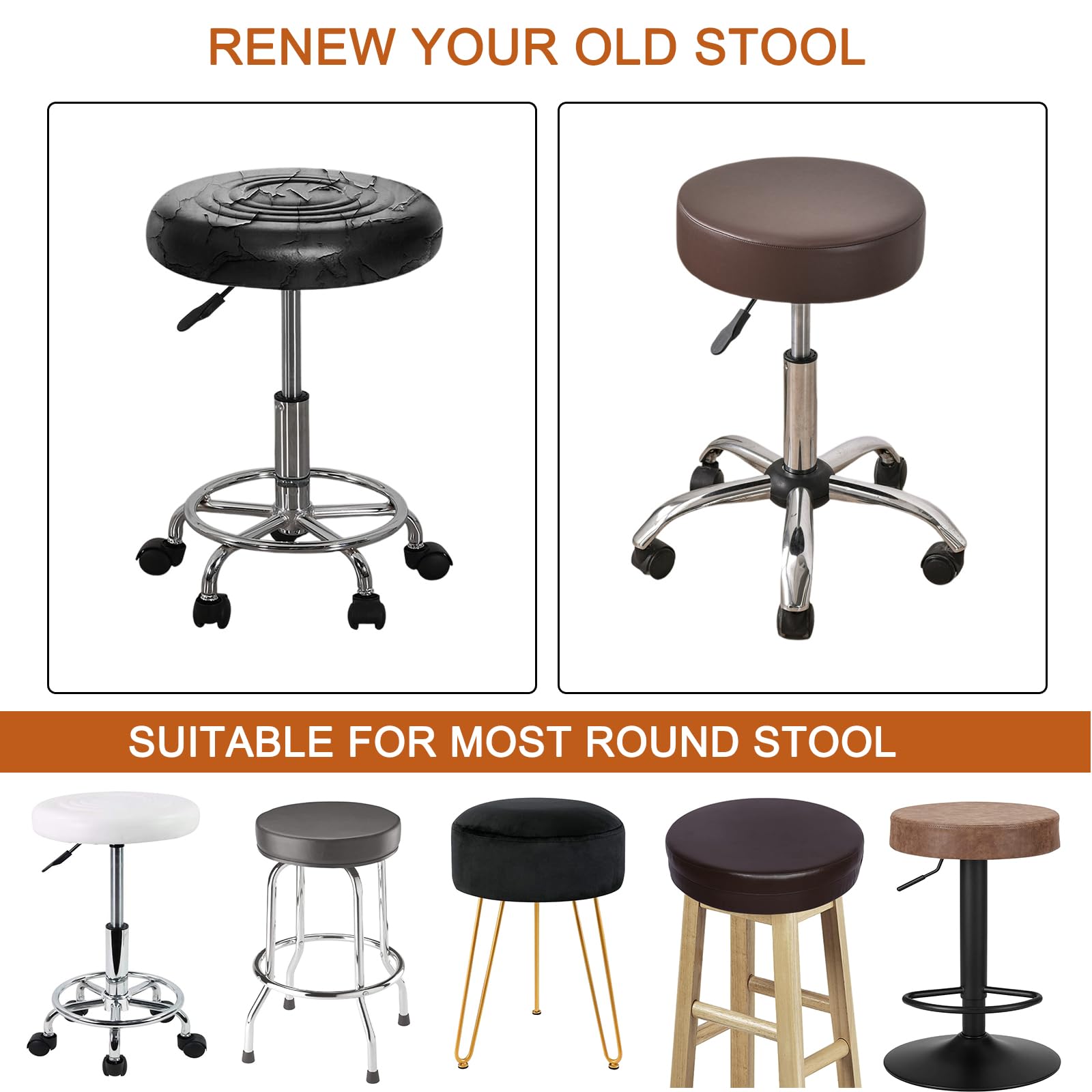 HAOYONG Waterproof PU Leather Bar Stool Covers Set of 4 - Stretchable Round Seat Cushion Covers with Non-Slip Bottom for Kitchen, Dining Room & Bar Counter - Perfect for Home Decor, Restaurant Use and Coffee Shop Seating