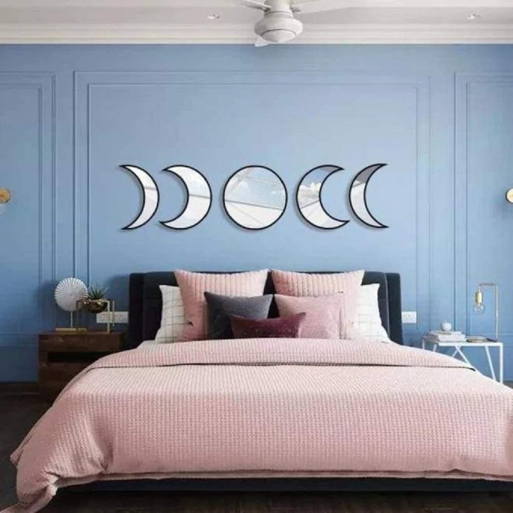 5PCS Removable Acrylic Mirror Set - Nordic Style Wooden Moon Phase Wall Mirror for Home Decor, Self-Adhesive No Drill Hanging, Perfect for Living Room, Bedroom & Office (Light White) - Create Elegant Boho Vibes & Enhance Small Spaces