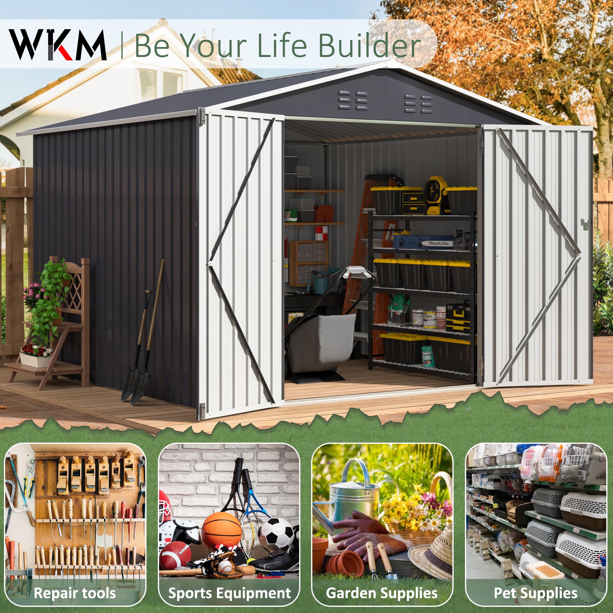WKM 8x8 FT Heavy Duty Outdoor Storage Shed | Lockable Metal Tool Shed with Reinforced Frame | Large Black Garden Shed for Backyard, Patio & Lawn | Perfect for Storing Lawn Mowers, Gardening Tools & Outdoor Equipment