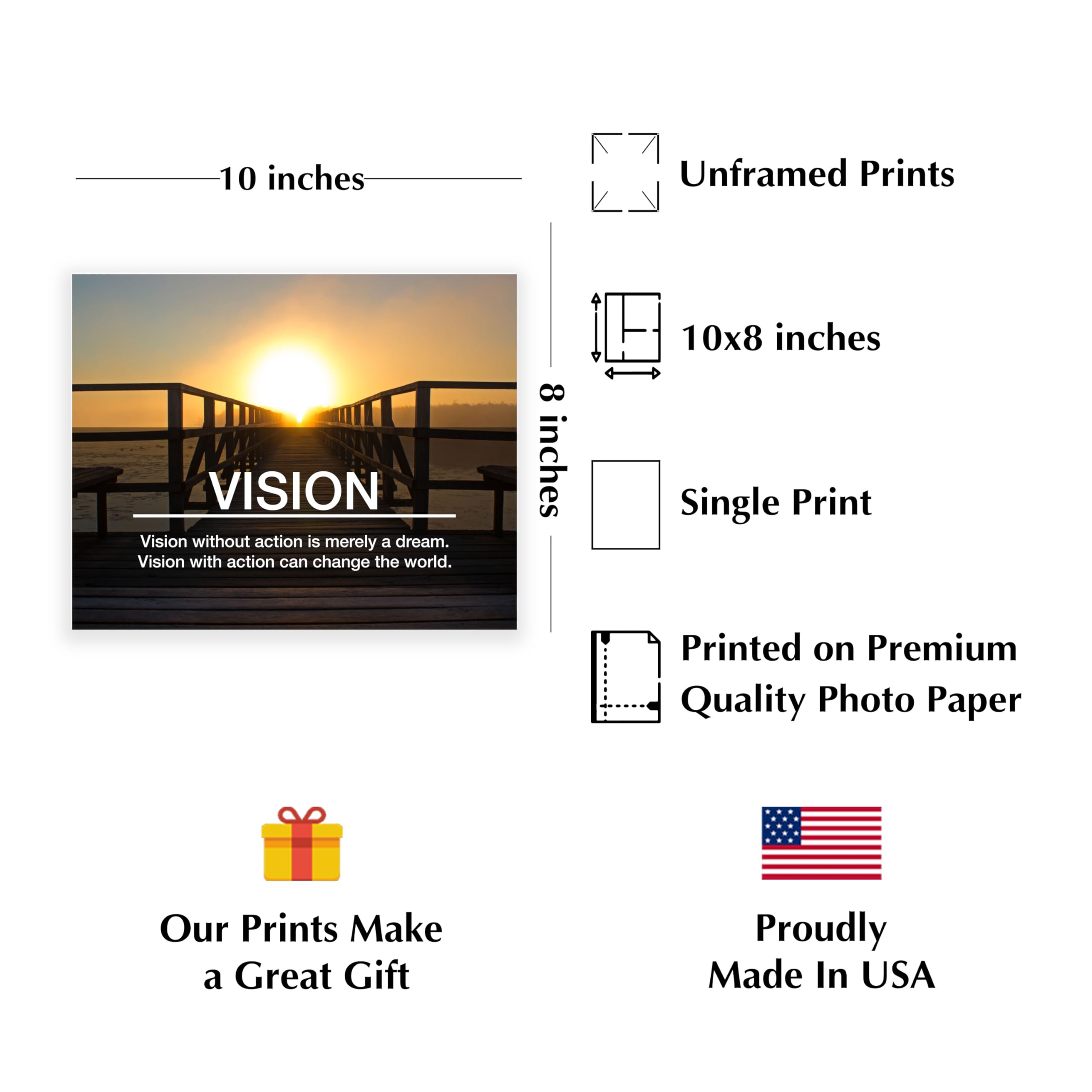Vision With Action - Motivational Wall Art Print, Ocean Sunset Inspirational Decor for Living Room, Bedroom, Office & Workplace - Unframed 10x8 - Perfect for Home, School & Office Motivation