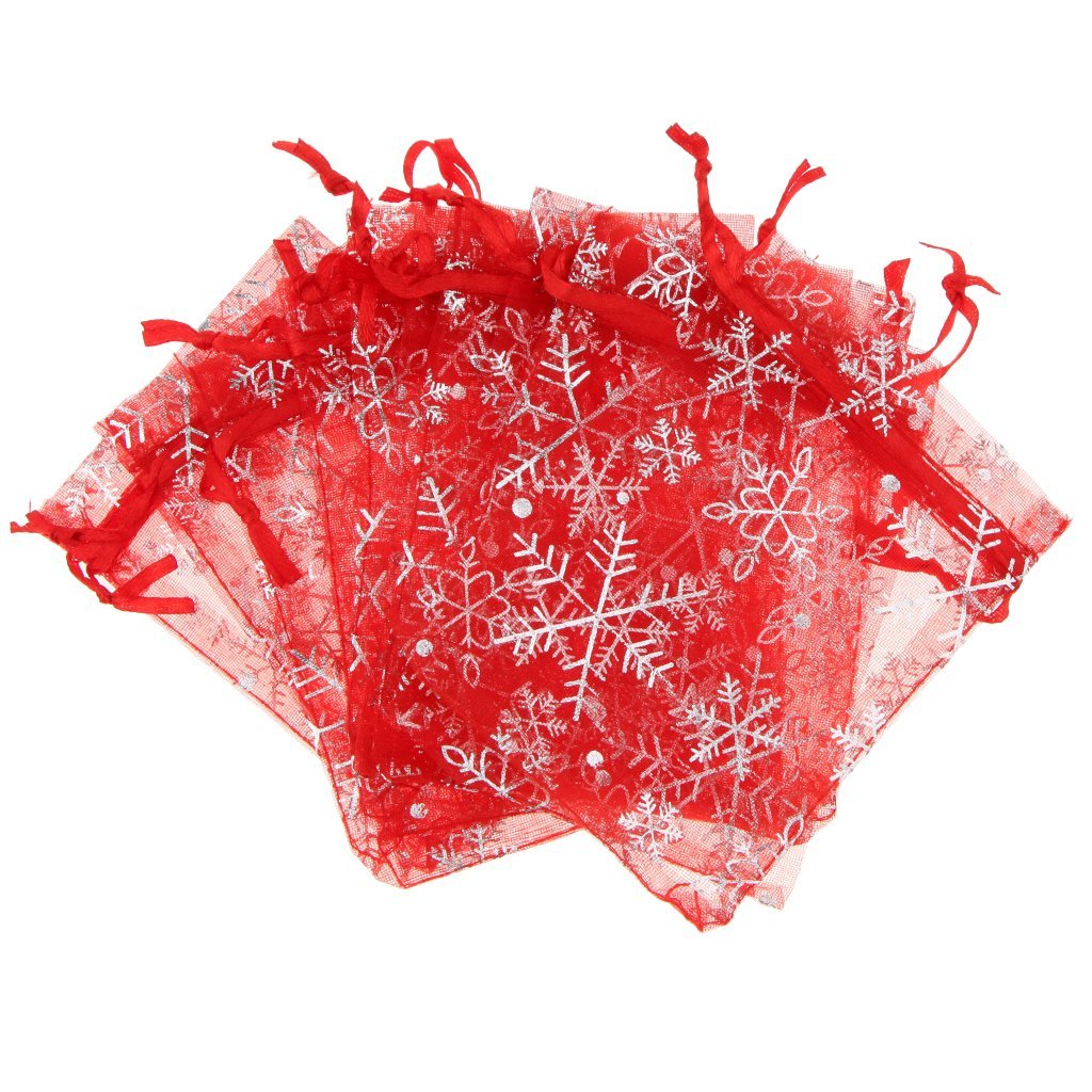 100pcs Red Christmas Snowflake Organza Gift Bags 7x9cm - Wedding Favors, Jewelry Pouches, Party Goody Bags for Holiday Wrapping & Christmas Decorations